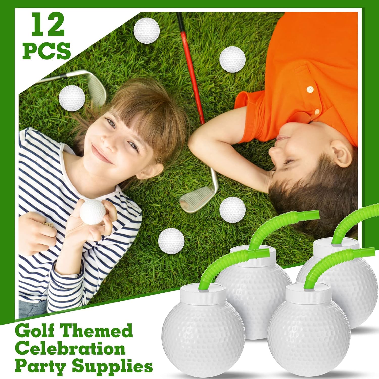 Sawysine 12 Piece Golf Ball Cup Set with Lids and Straws