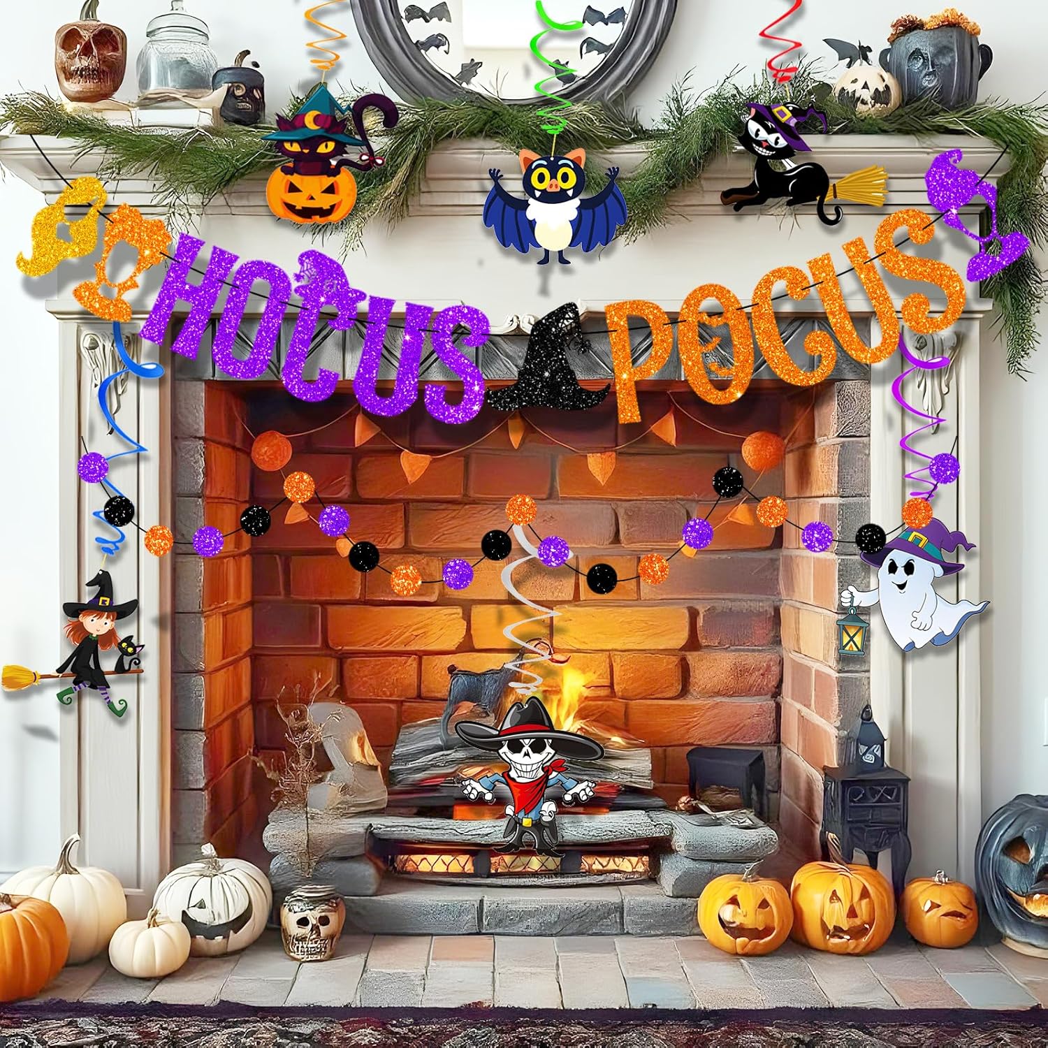 Halloween Banner Bunting Decor Set with Glitter