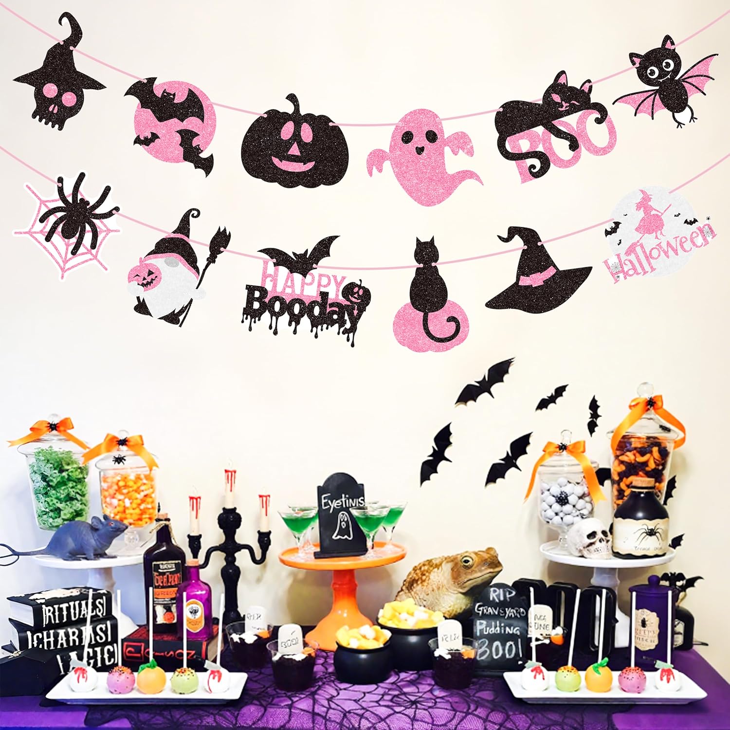 2pcs Halloween Party Banners Black Pink Ghost Boo Witch Decorations