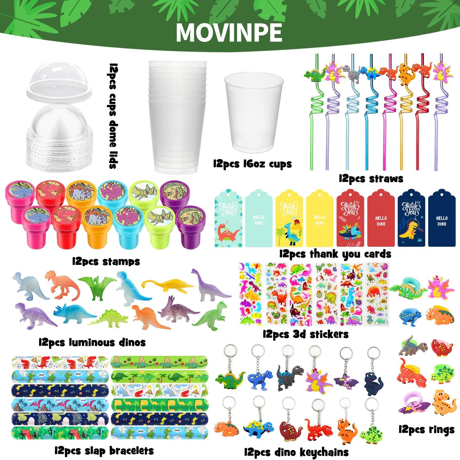 MOVINPE Dinosaur Party Favor Cups with Reusable Straws and Luminous Toys