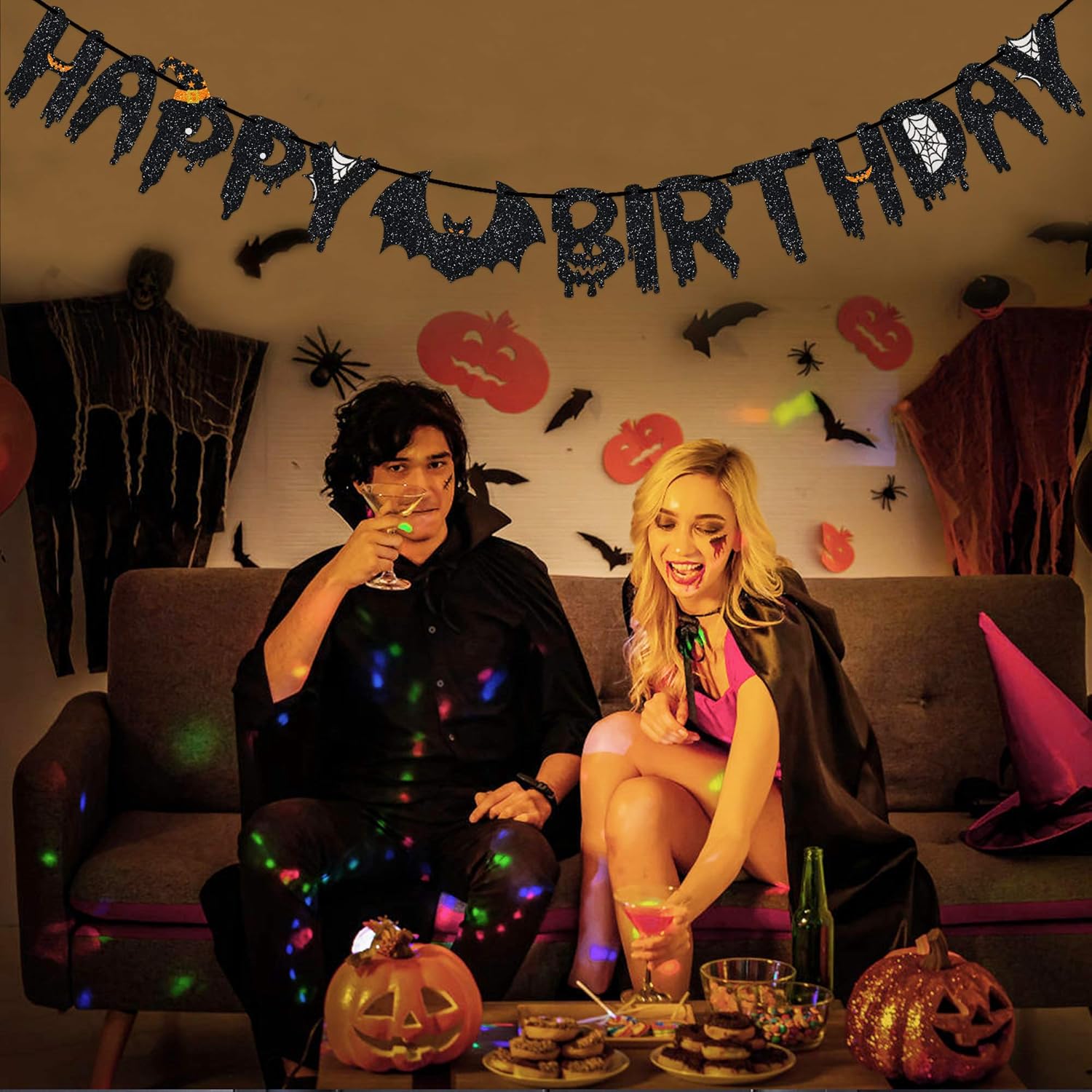 Halloween Happy Birthday Black Glitter Banner
