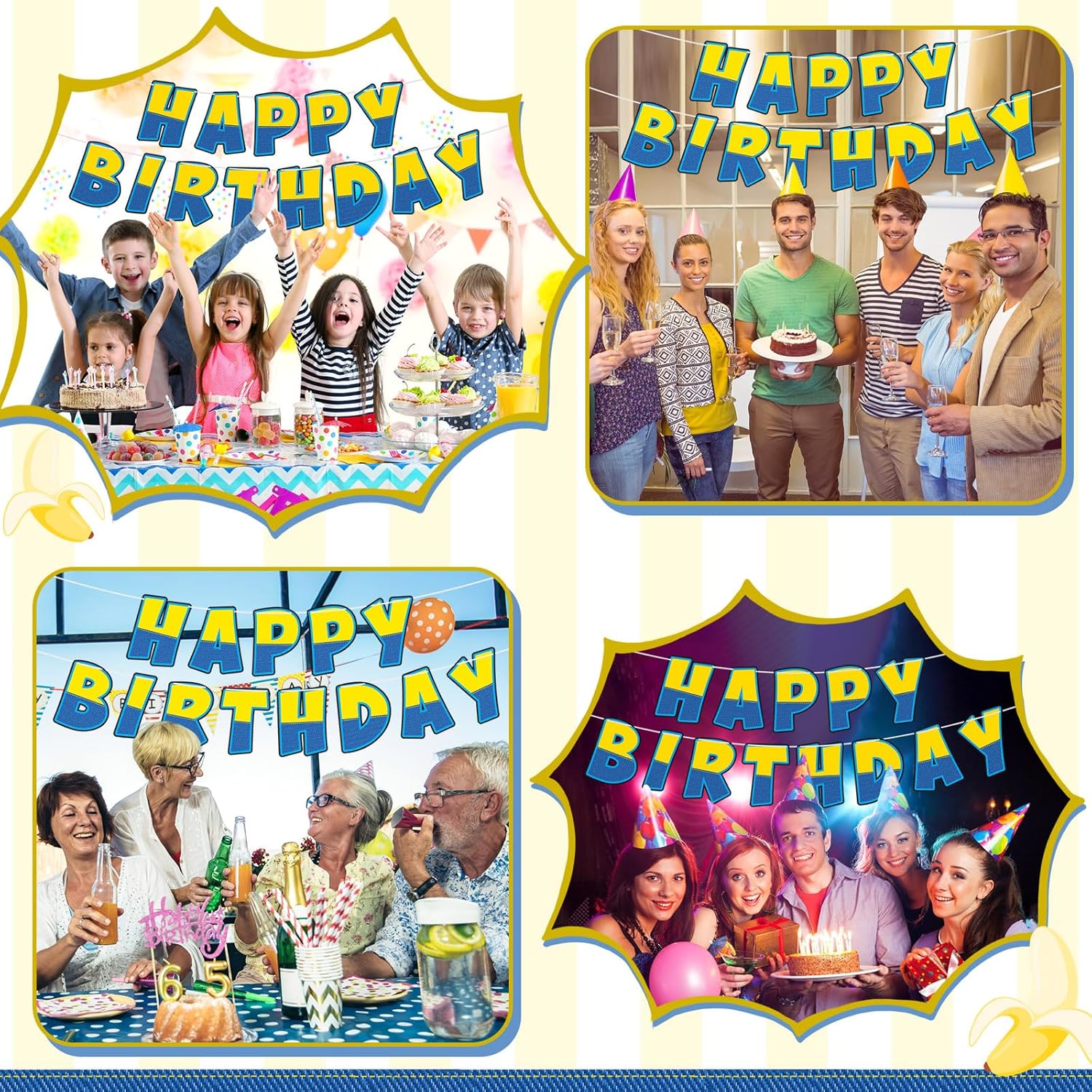 Funrous Birthday Banner Yellow Blue Happy Party Decor