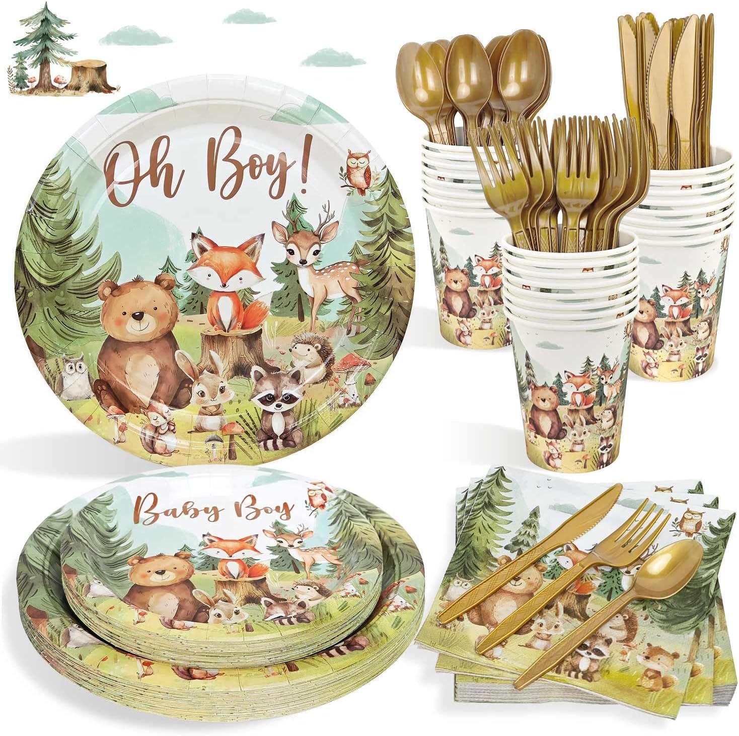 Woodland Baby Shower Plate Set 175 Pcs for 25 Guests