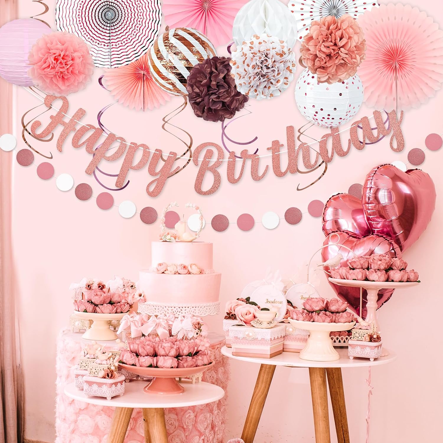 Pink White Rose Gold Birthday Party Decorations 21pcs
