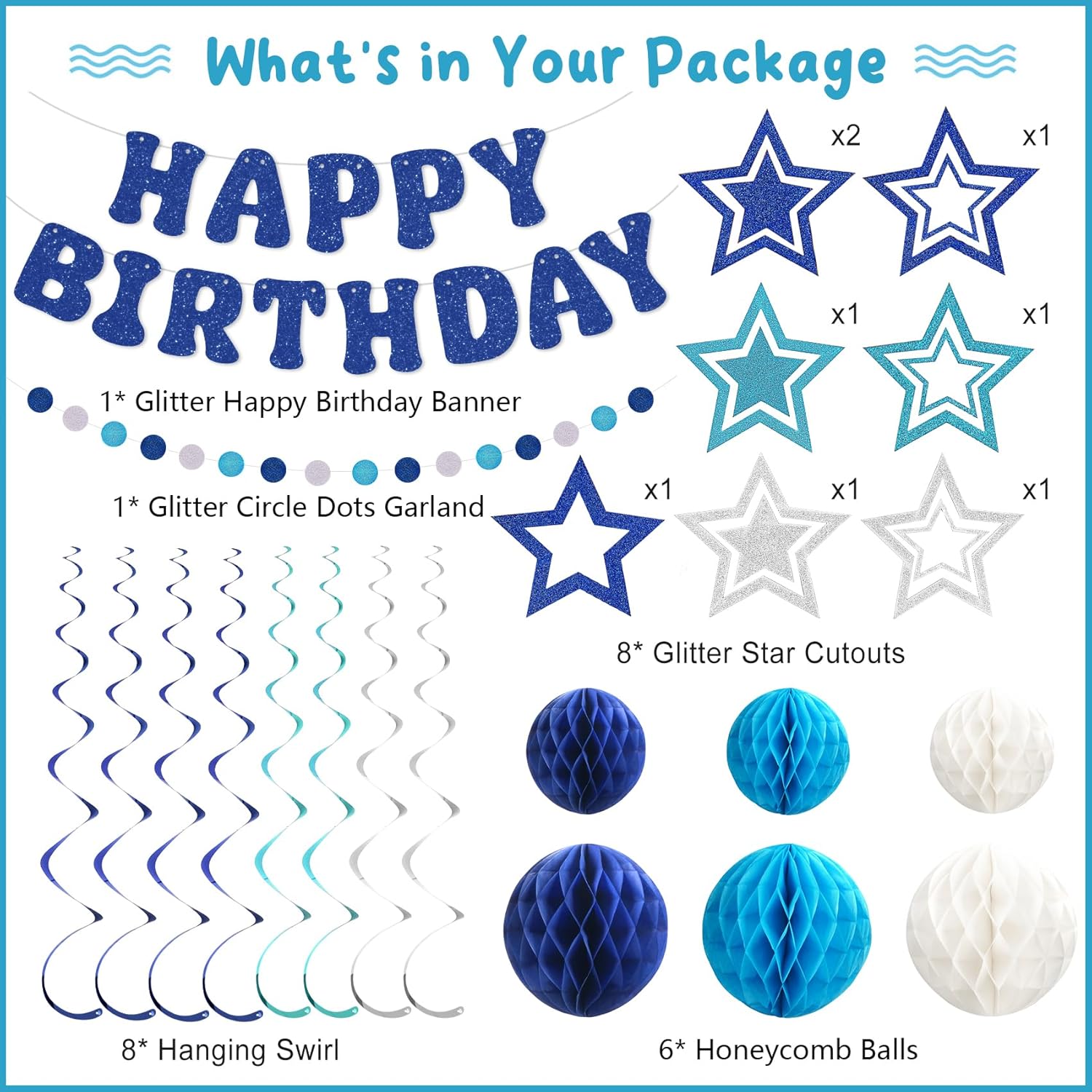 Glitter Blue Birthday Banner with Honeycomb Balls and Stars Streamers