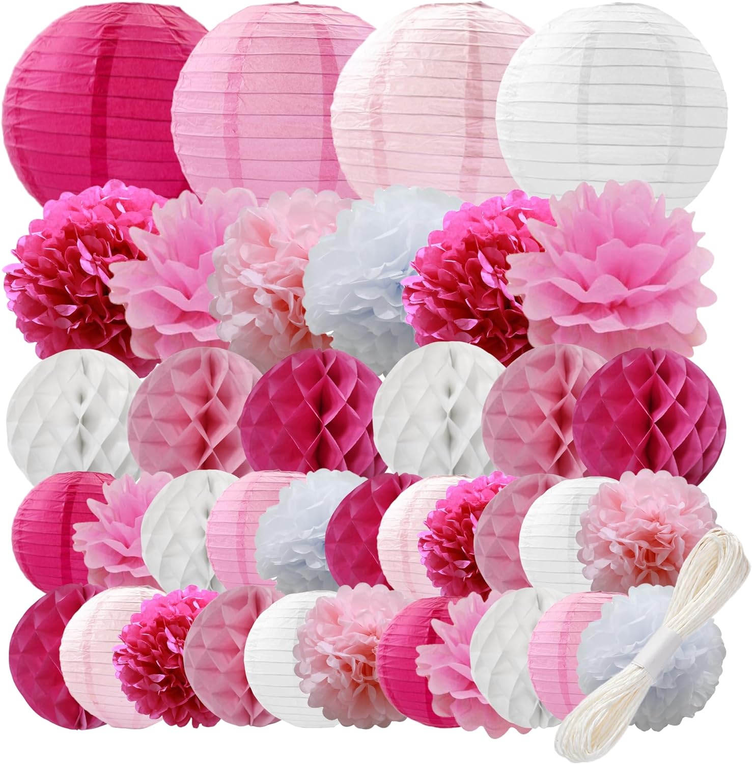 WOLHOWLTD Rosy Pink White Paper Decor Set 38 Pcs