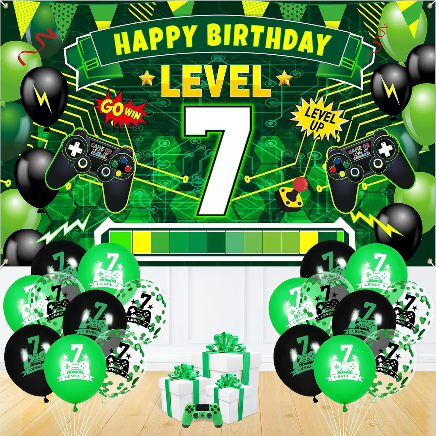 Level Up 7th Birthday Banner and Balloons Set