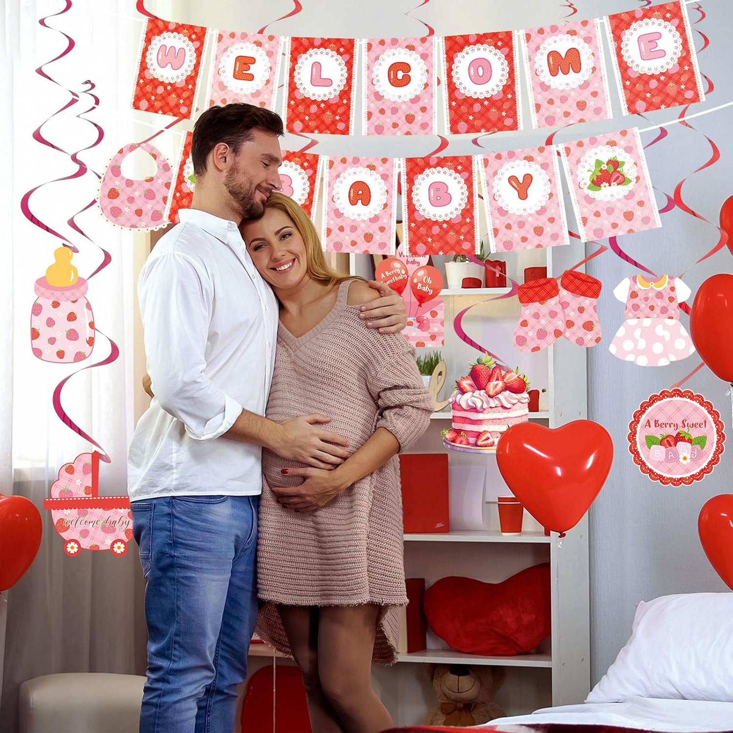 Strawberry Baby Shower Decorations with Banner and Hanging Swirls