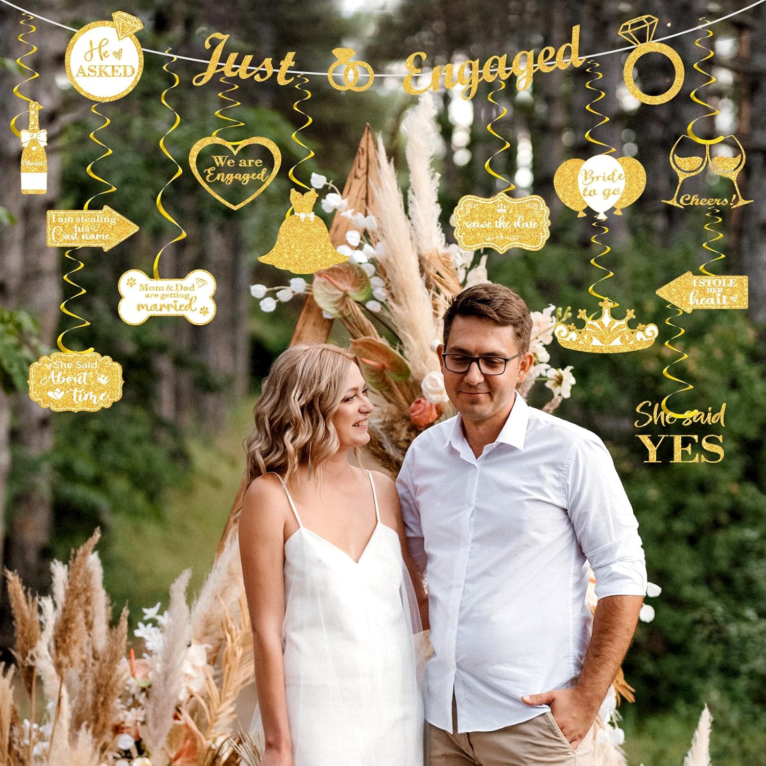White Gold Engagement Party Decorations Banner with Hanging Swirls