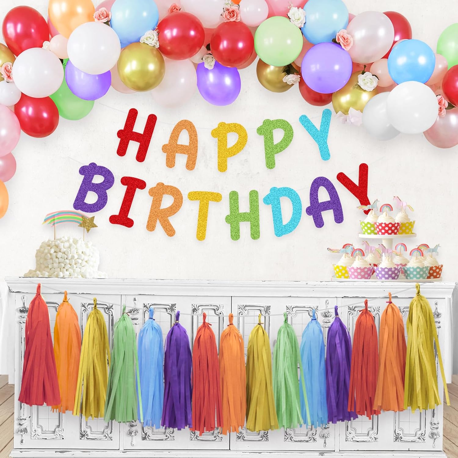 Rainbow Birthday Banner with Paper Tassel Garland