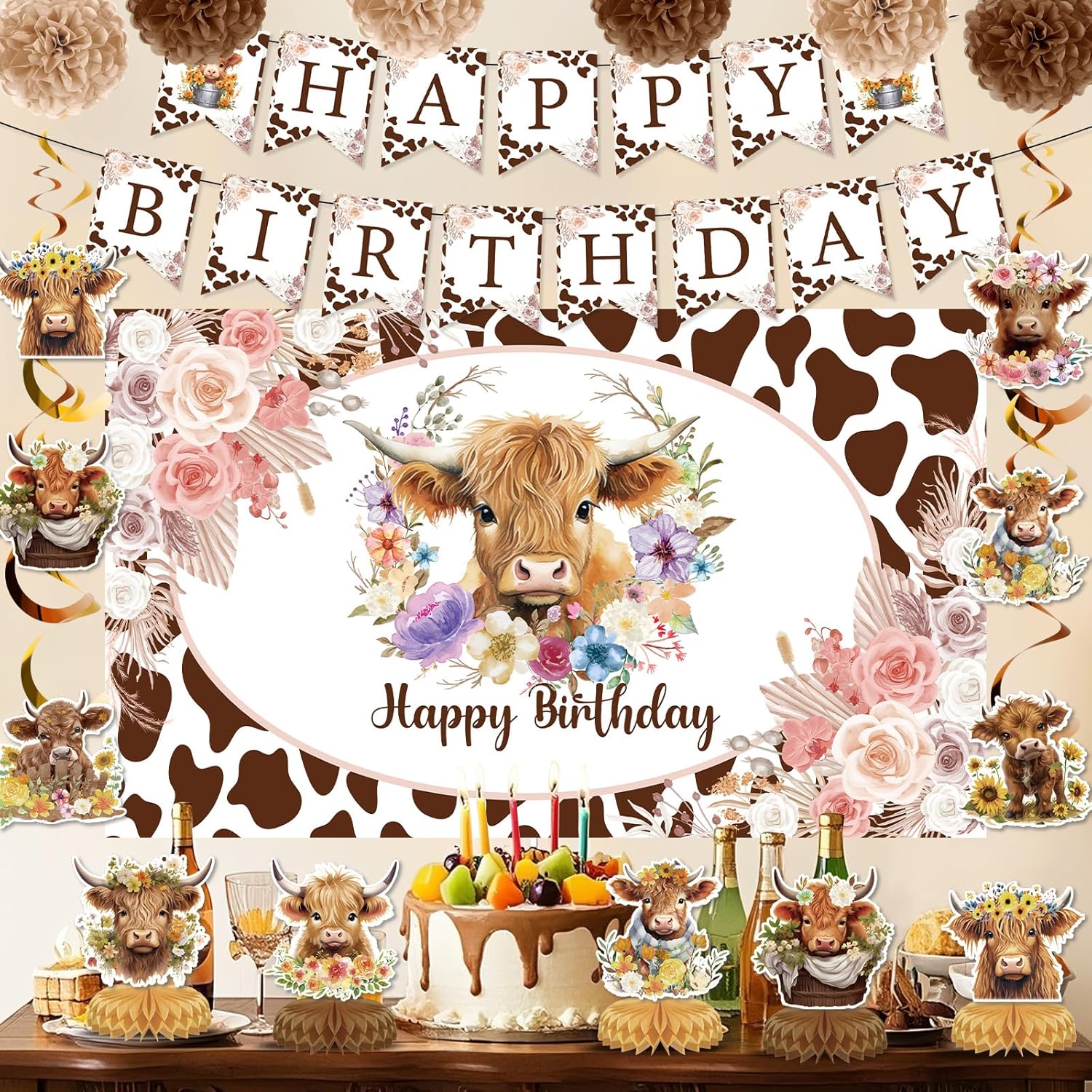 19pcs Highland Cow Party Decorations Set