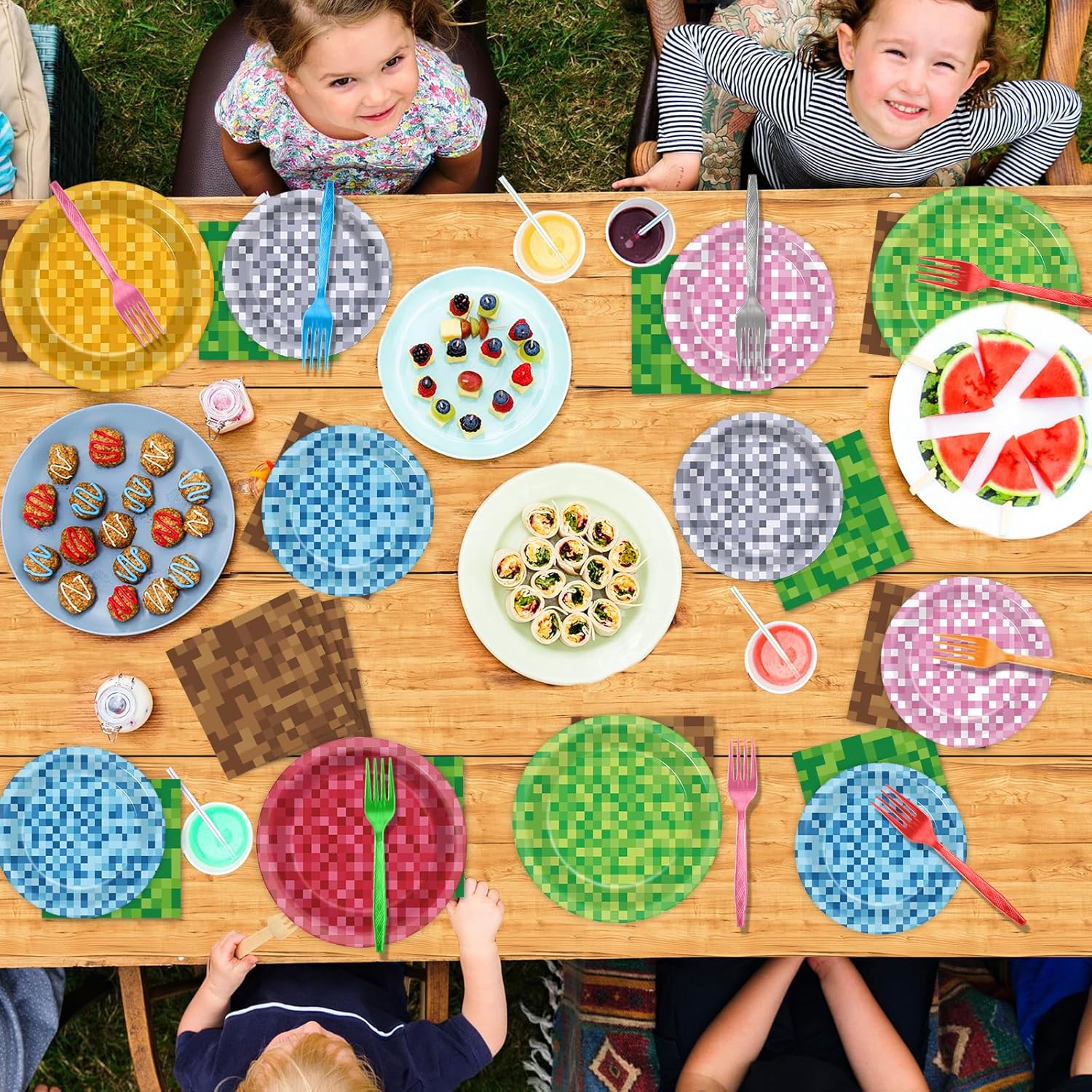 96 Pcs Mini Pixel Party Plates and Napkins for Gaming Birthday Celebration