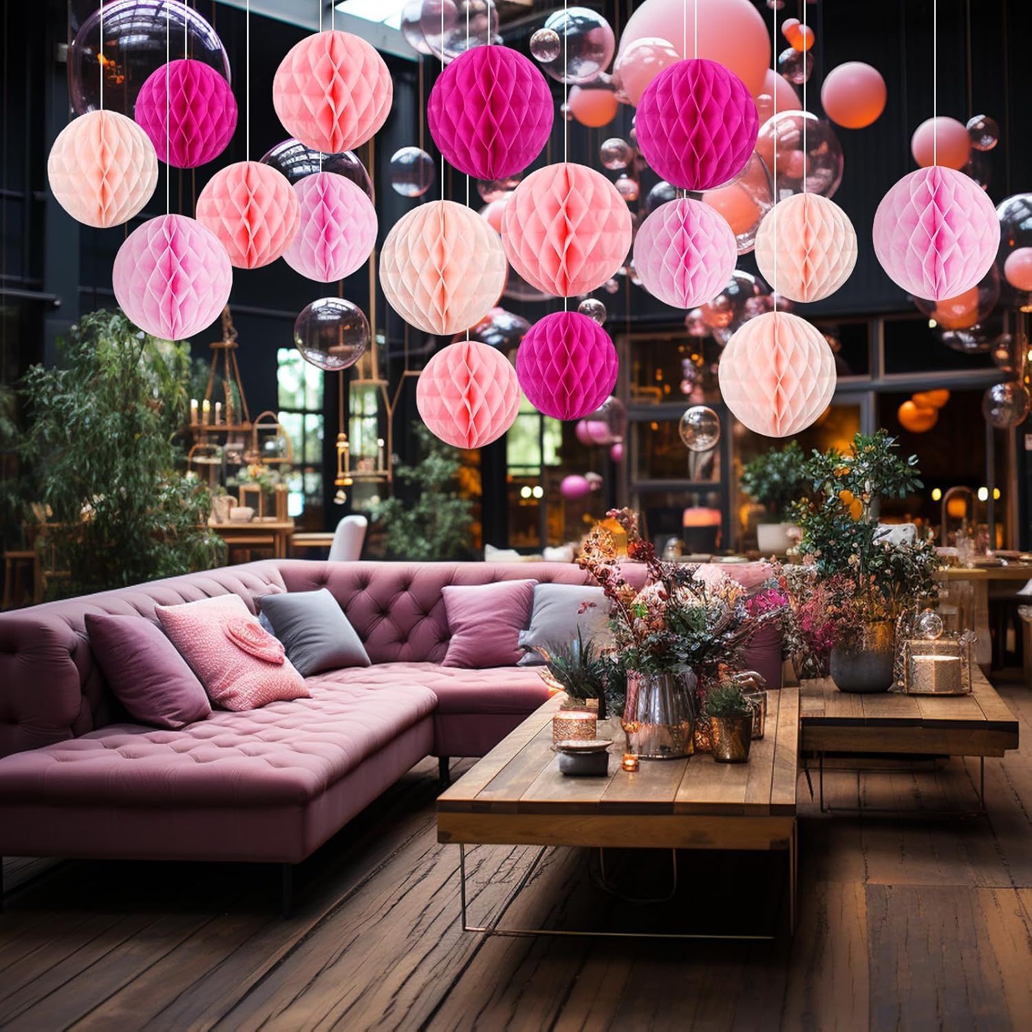 Hanging Honeycomb Decor Hot Pink Party Balls Set of 16