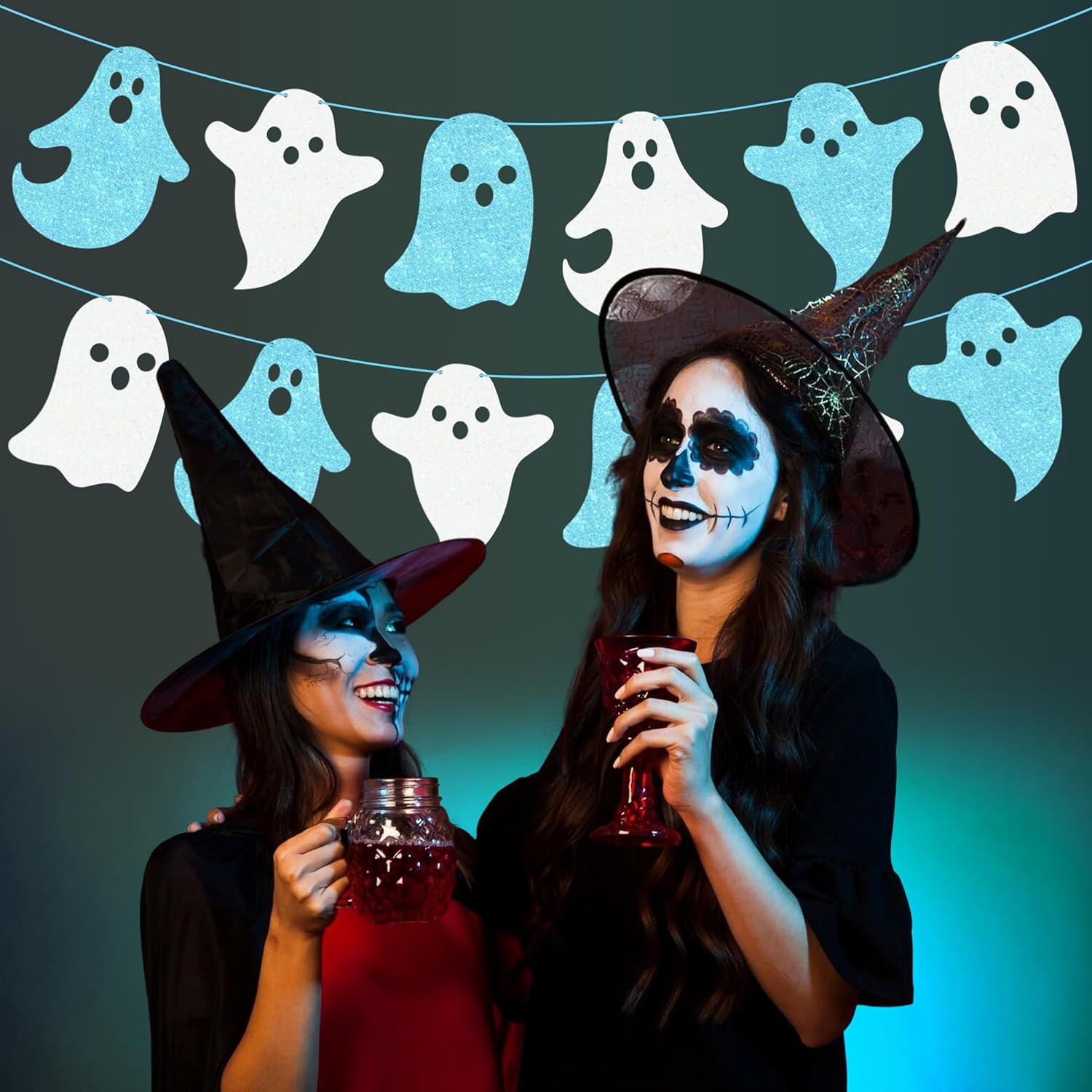 Halloween Ghost Banners White Blue Glitter Decorations 2Pcs