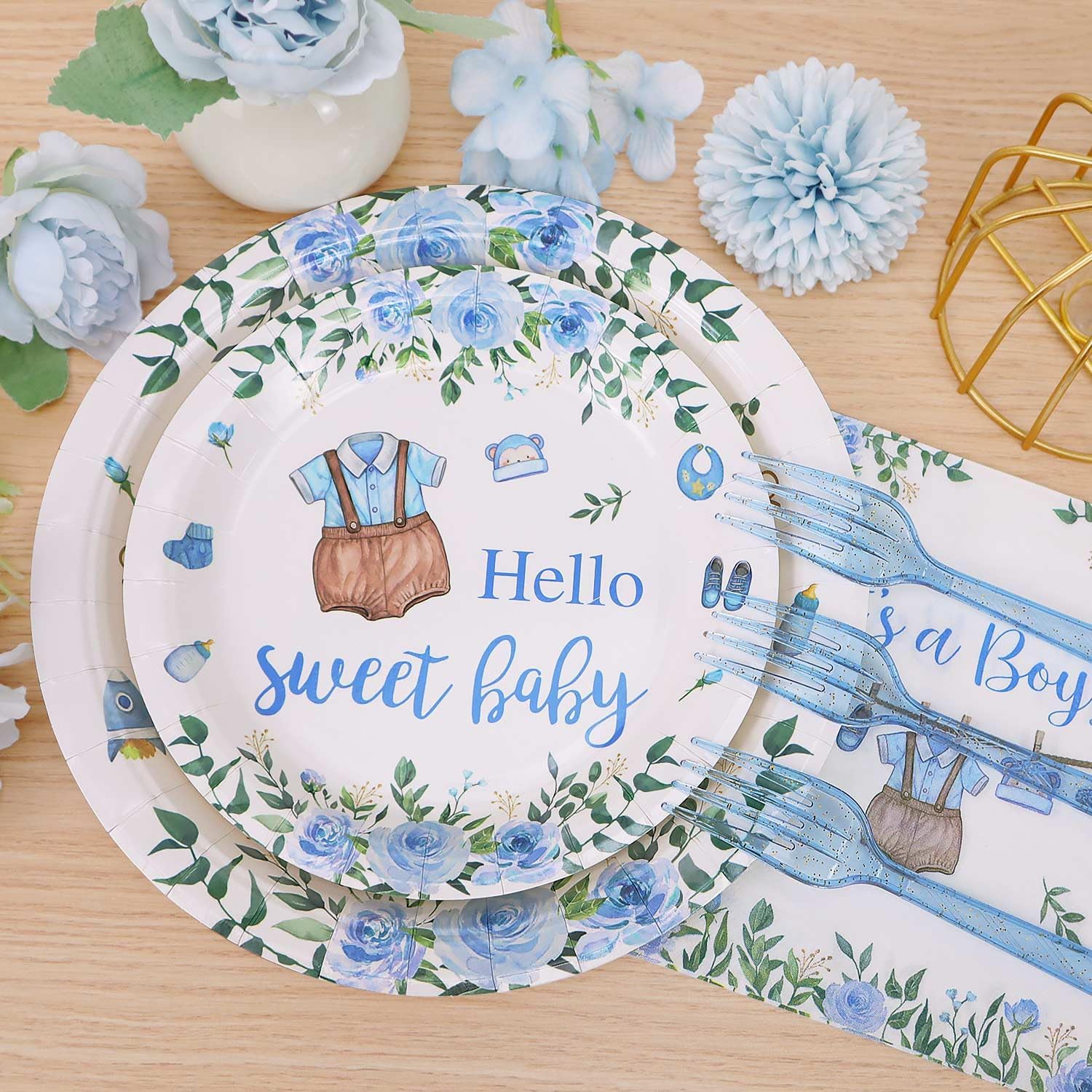 Blue Boy Baby Shower Plates Set 100 Pcs for 25 Guests