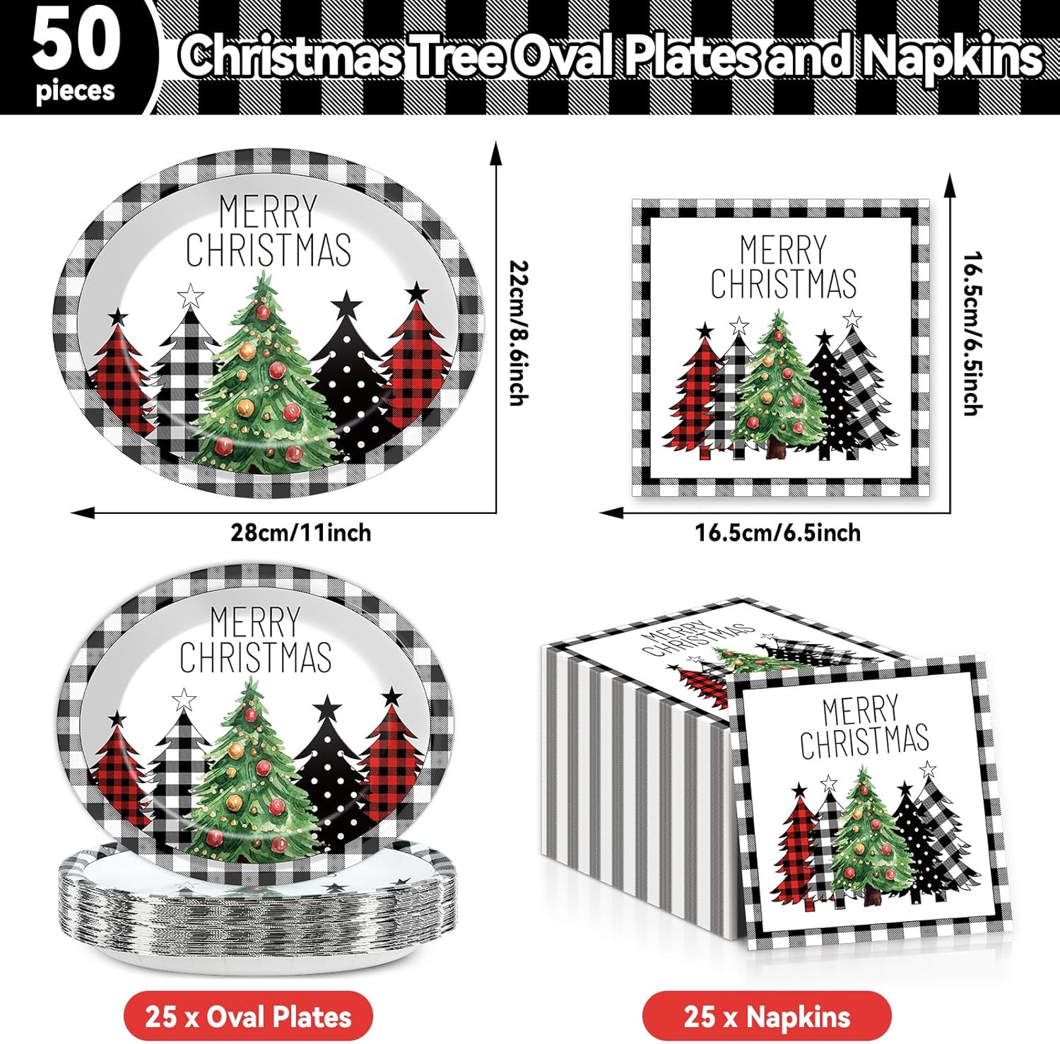 50Pcs Christmas Paper Oval Plates with Napkins