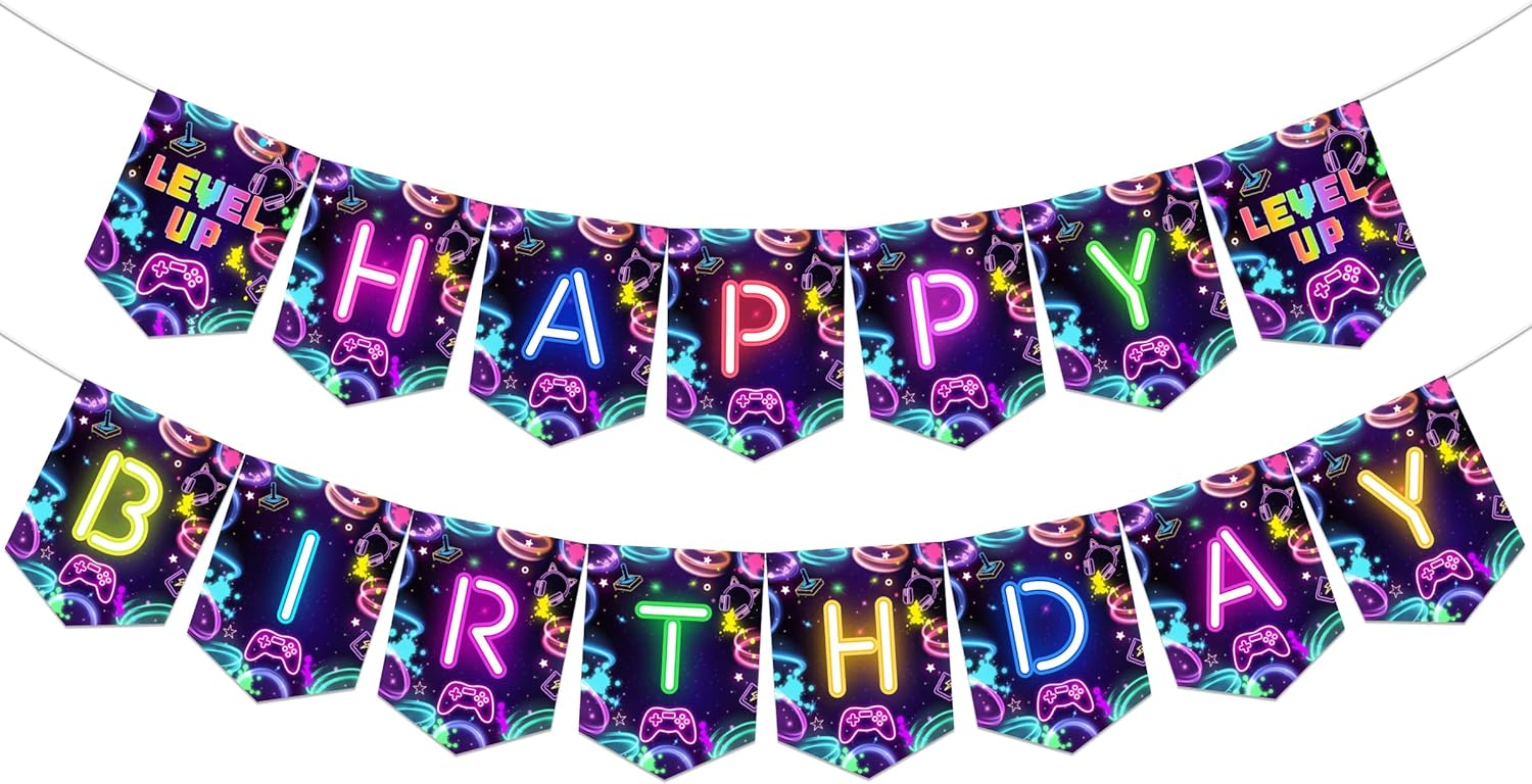 Neon Game Level Up Birthday Banner for Boys