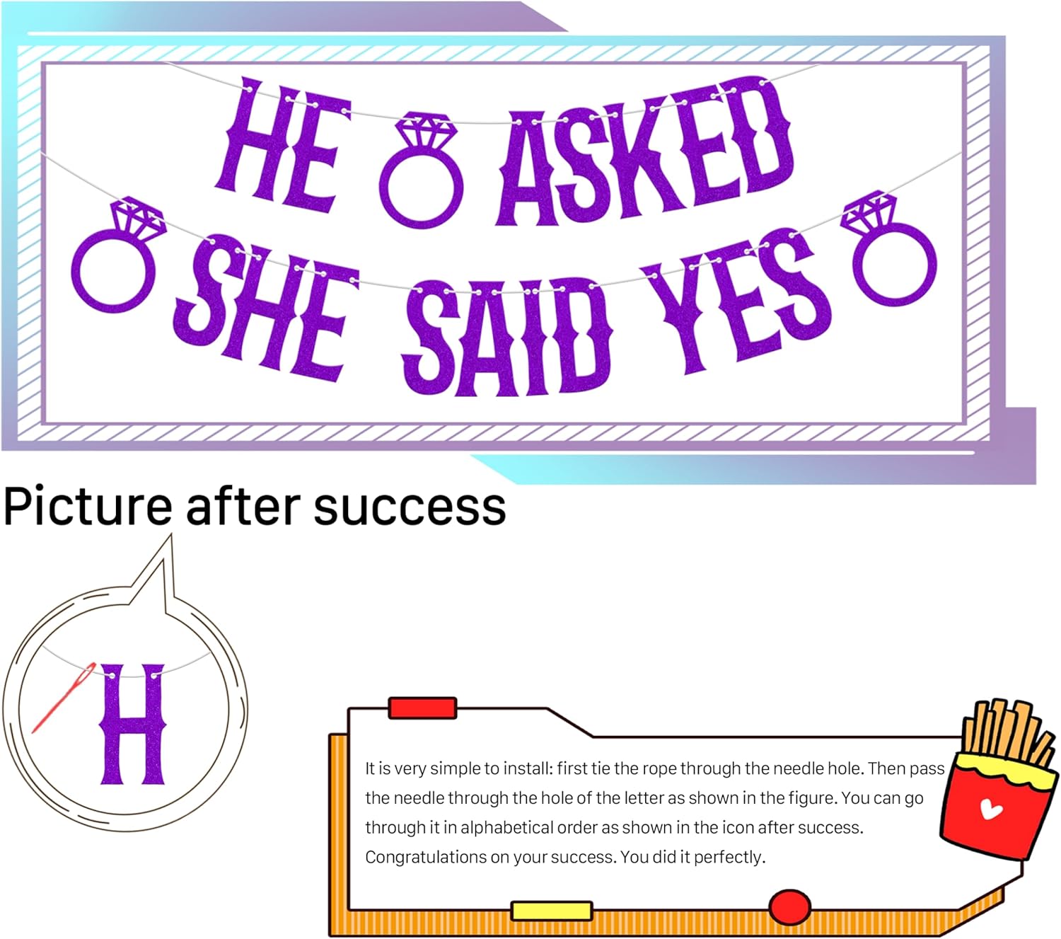 He Asked She Said Yes Banner Purple Glitter