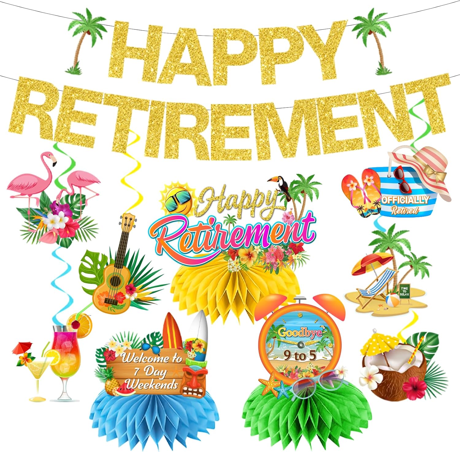 Hawaiian Retirement Party Decorations with Banners and Centerpieces
