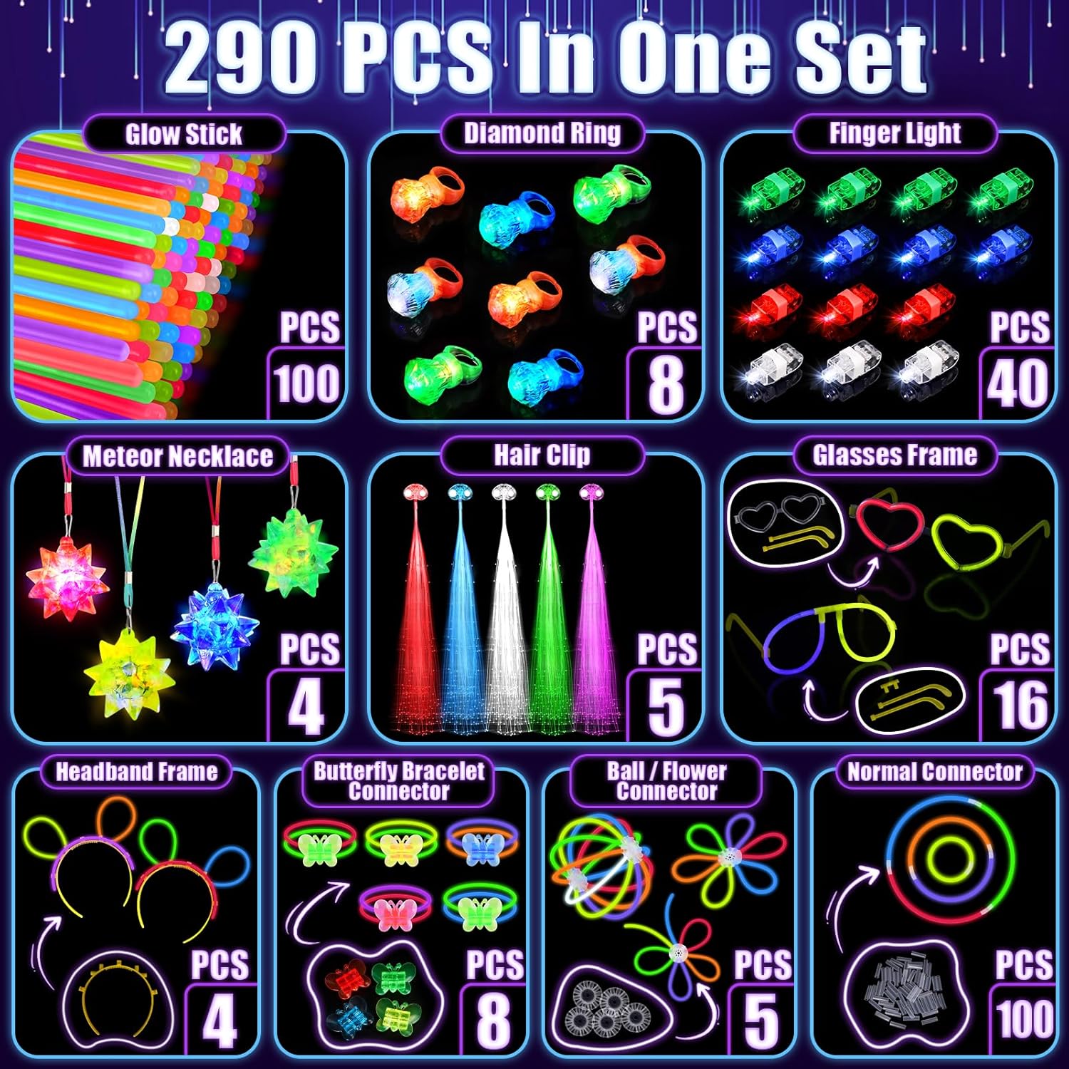 Glow in the Dark Party Supplies with 100 Glow Sticks and LED Toys