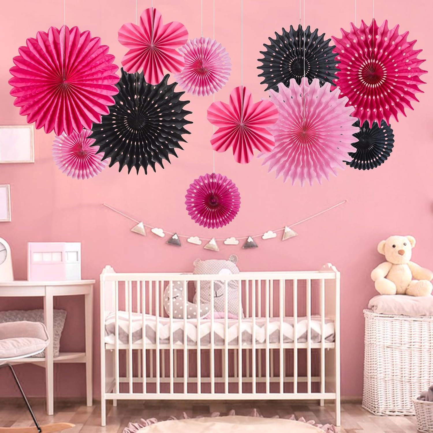 11PCS Hanging Paper Fans Pink Black Birthday Party Decorations