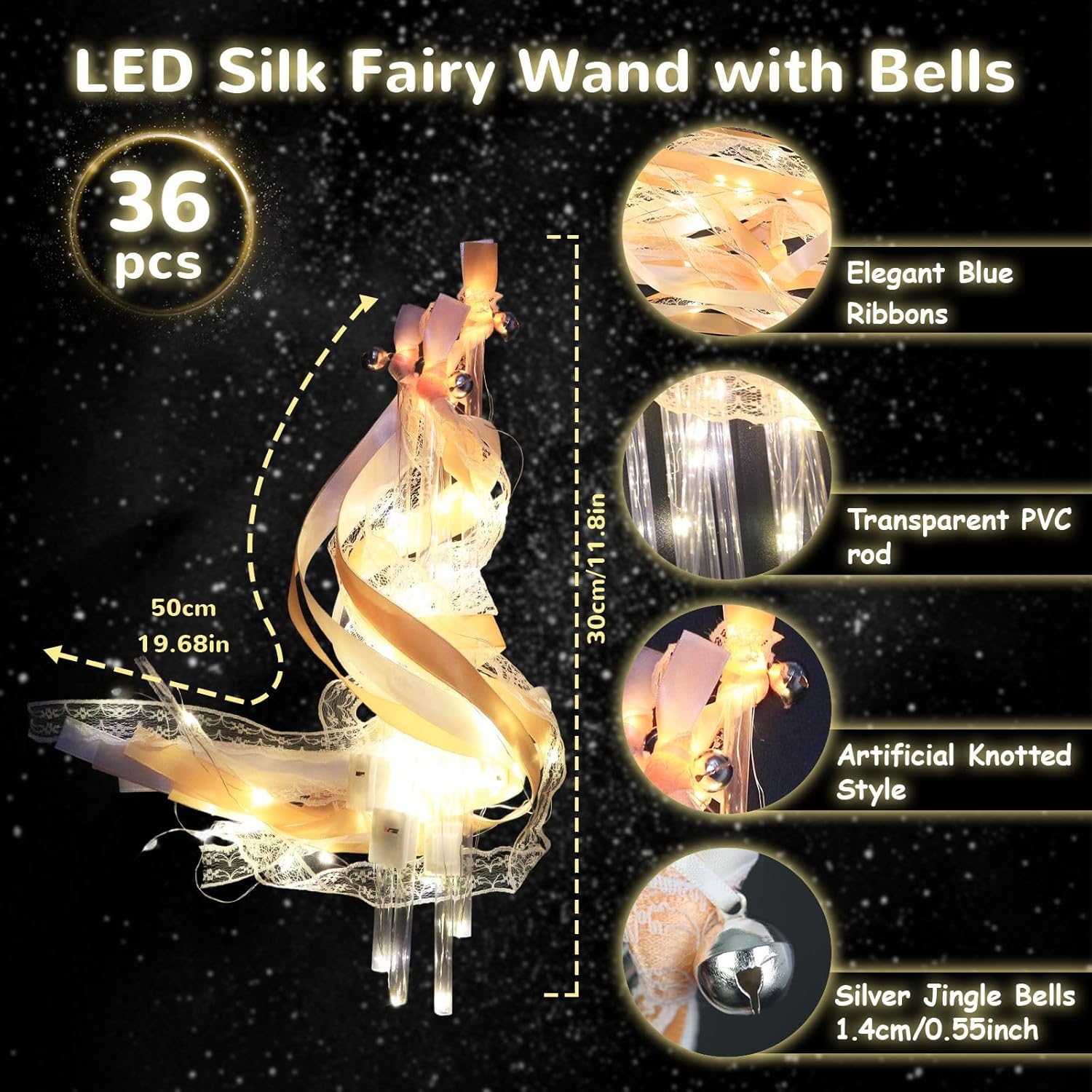 36PCS LED Light Up Wands with Bells and Ribbons for Parties