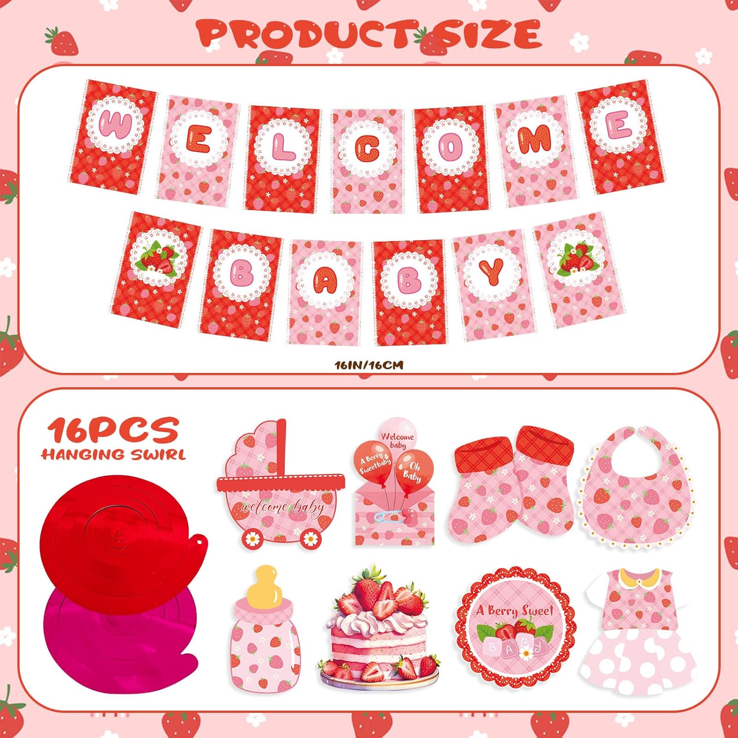 Strawberry Baby Shower Decorations with Banner and Hanging Swirls