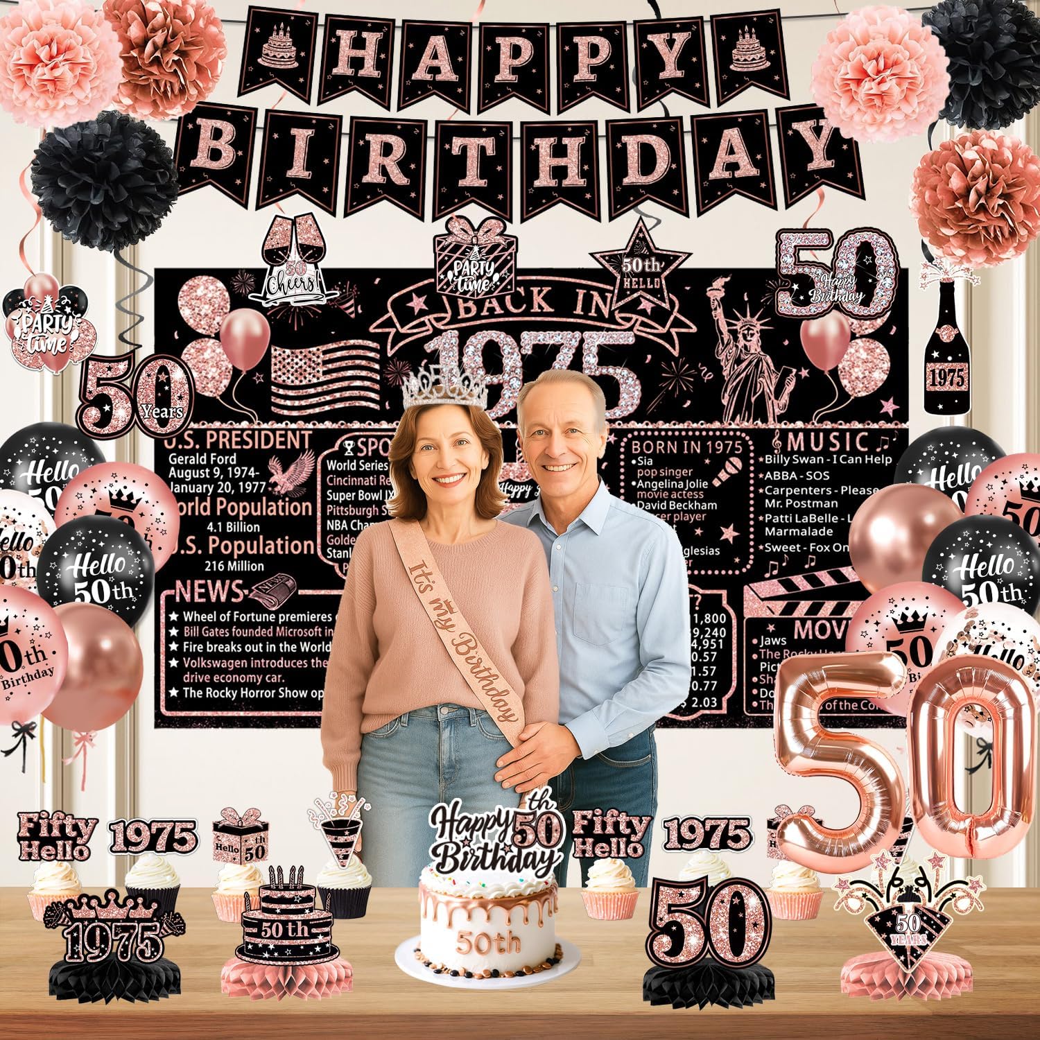 50th Birthday Decor Set 59 pcs Rose Gold Party Essentials