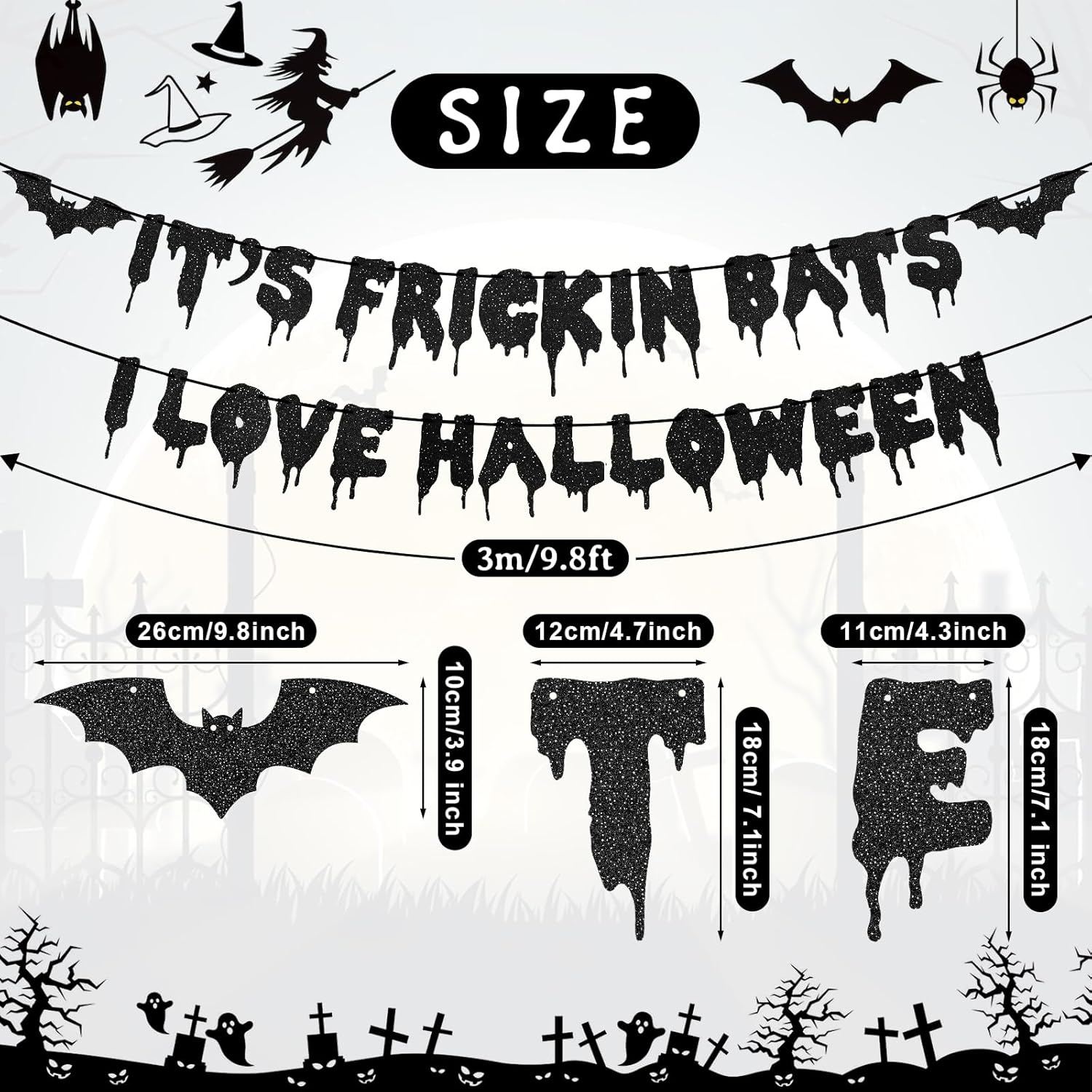 Black Glitter Bats Halloween Banner - Hanging Decor