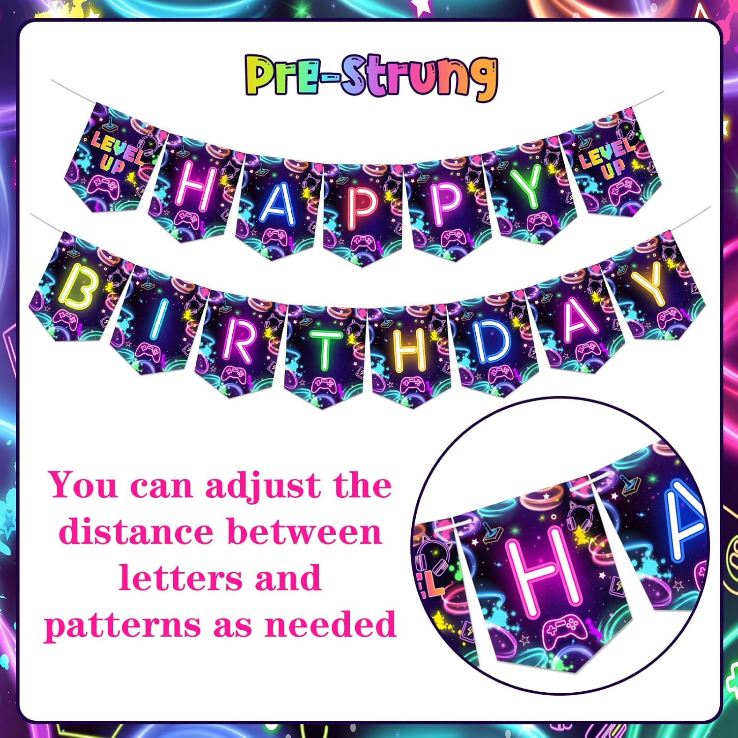 Neon Game Level Up Birthday Banner for Boys