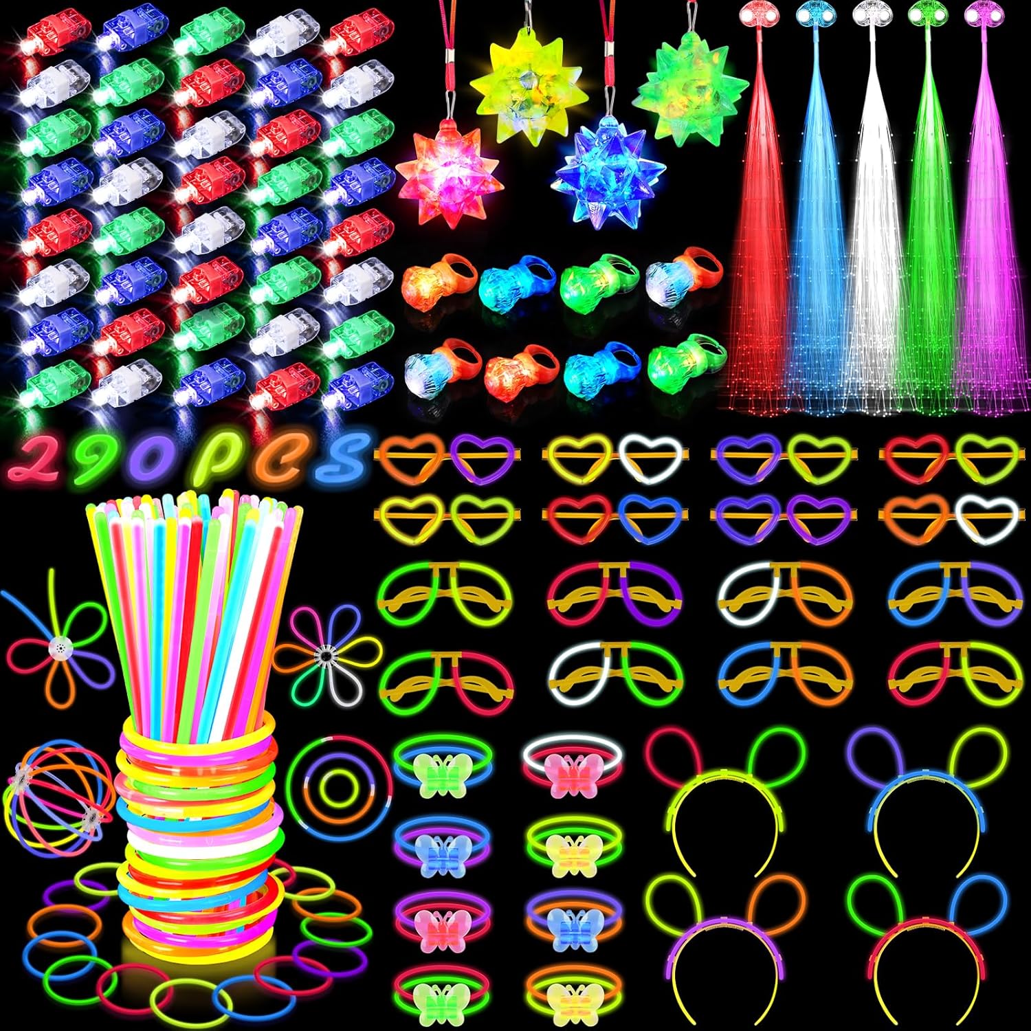 Glow in the Dark Party Supplies with 100 Glow Sticks and LED Toys
