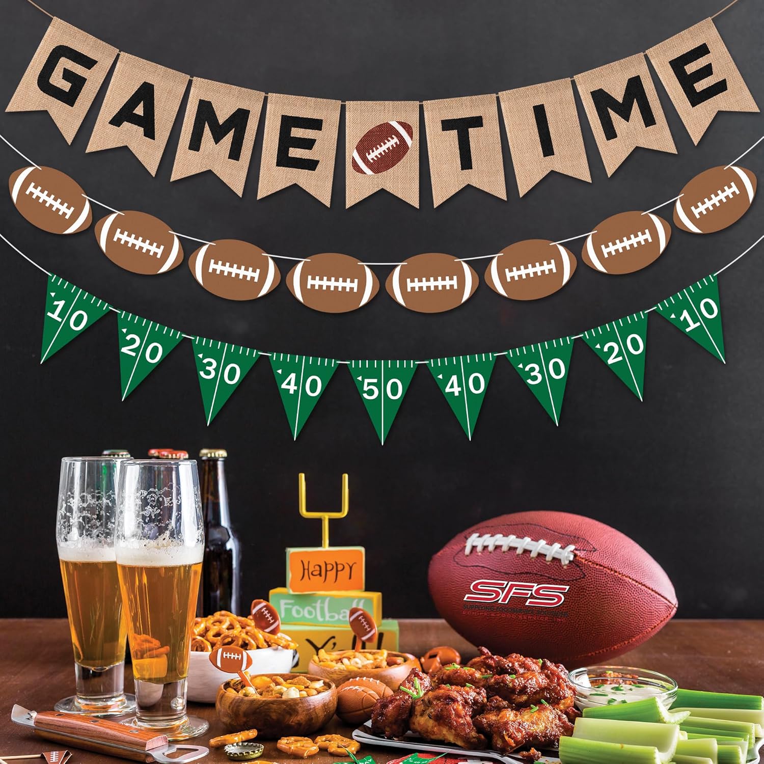 Football Burlap Felt Banners 3pcs Game Time Yard Line Decoration