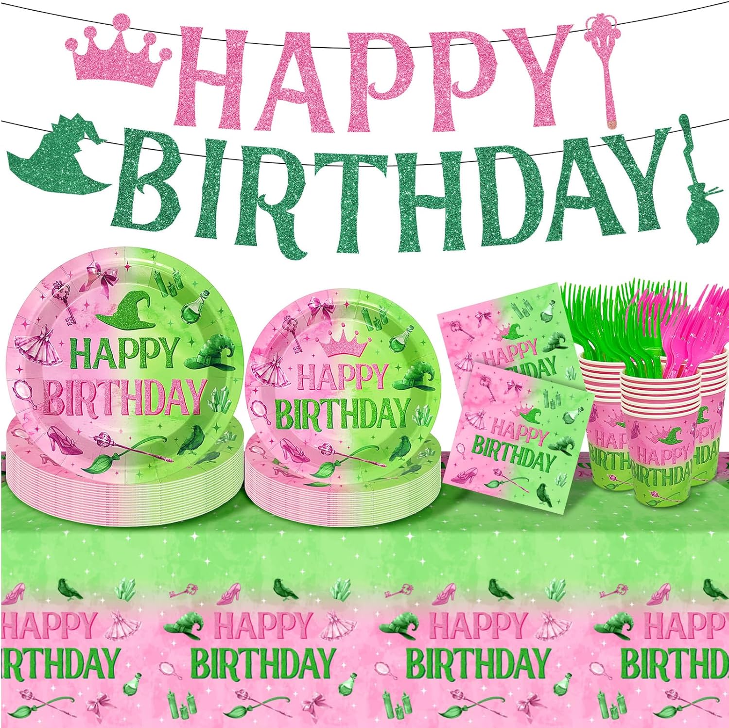 24 Piece Pink Green Witch Party Tableware Set