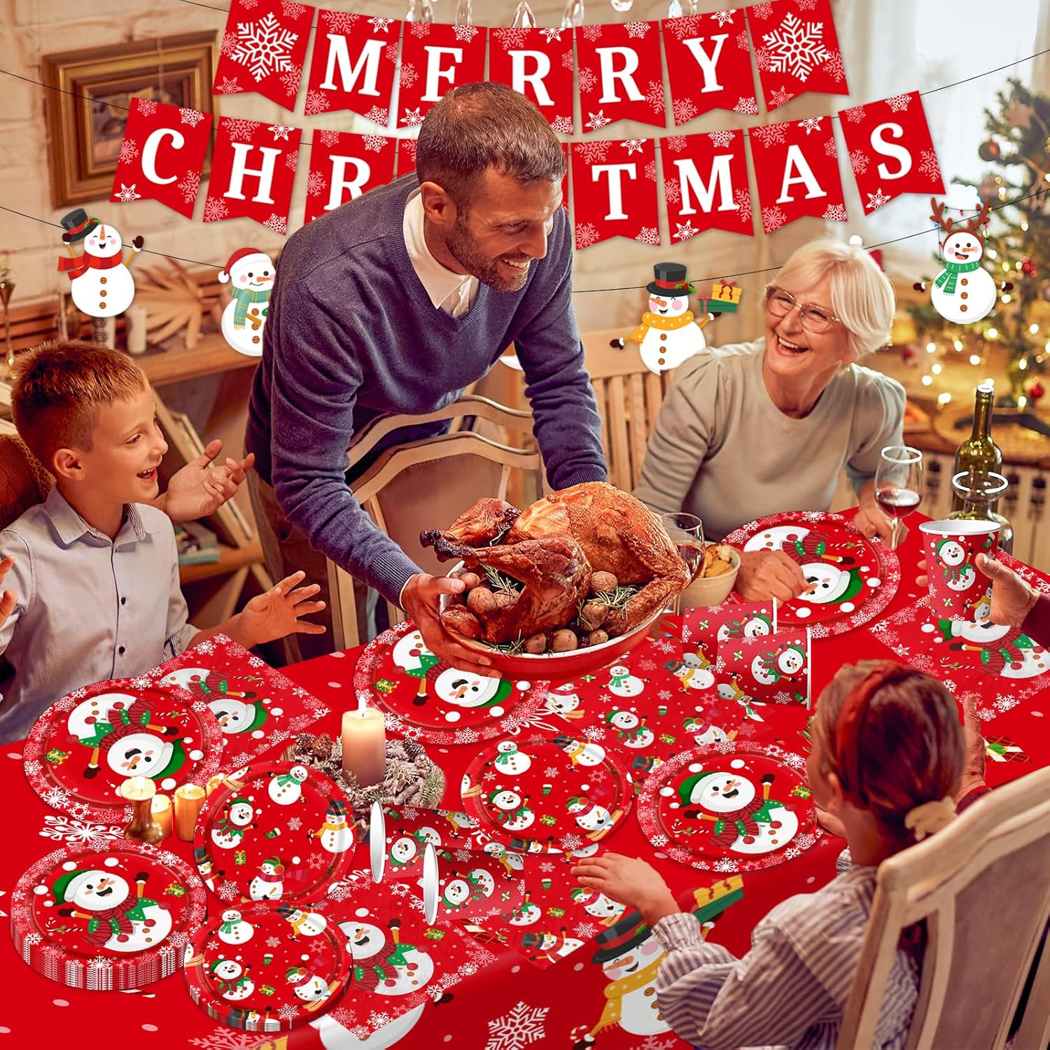 142Pcs Christmas Party Supplies Snowman Plates Napkins Tableware Kit