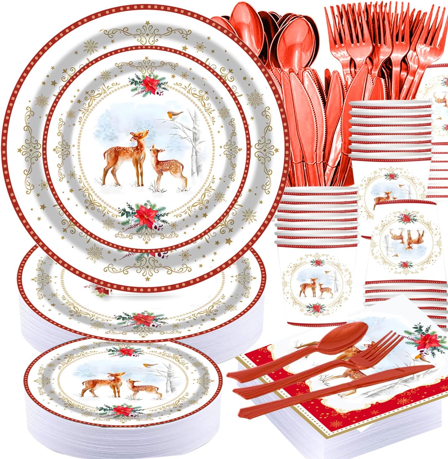 Christmas Poinsettia Deer Disposable Plate Set - 25 Piece Holiday Party Supplies