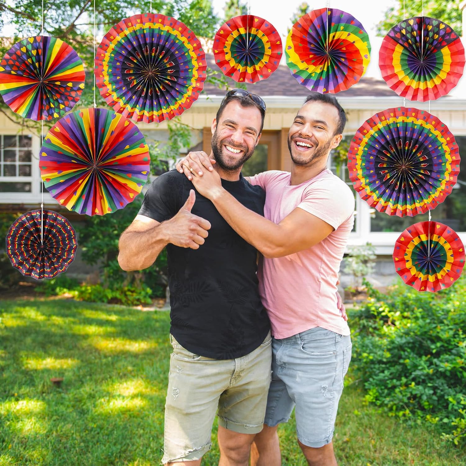 Outus 18 Pcs Rainbow Pride Hanging Fans Decorations