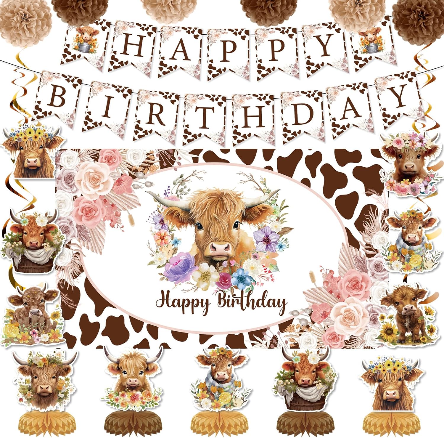 19pcs Highland Cow Party Decorations Set