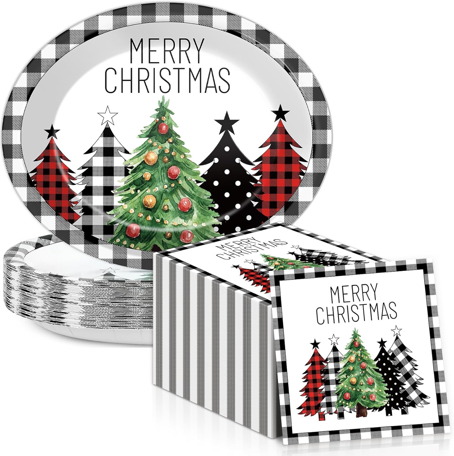 50Pcs Christmas Paper Oval Plates with Napkins