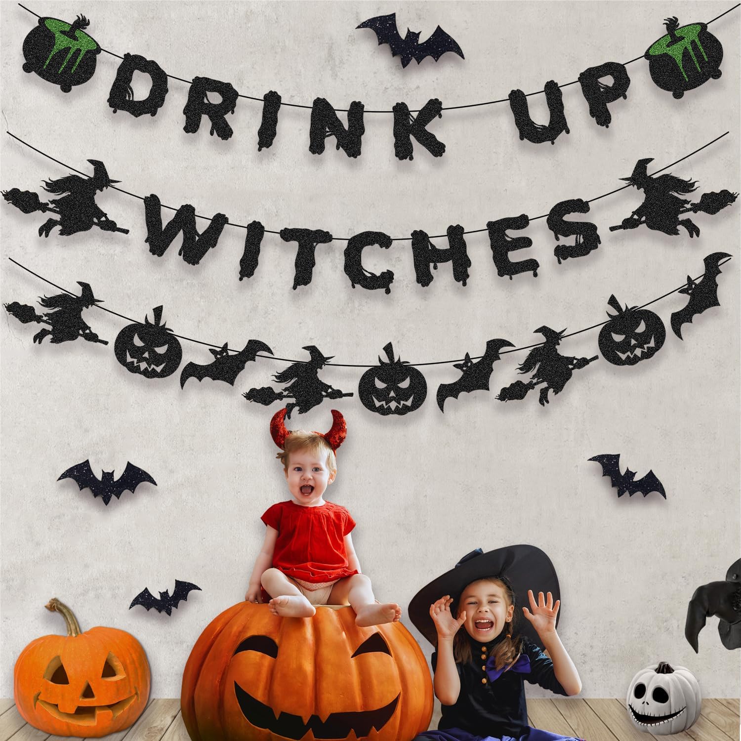 KOKAR Halloween Decorations - Witches Banner Garland with Bats Pumpkin