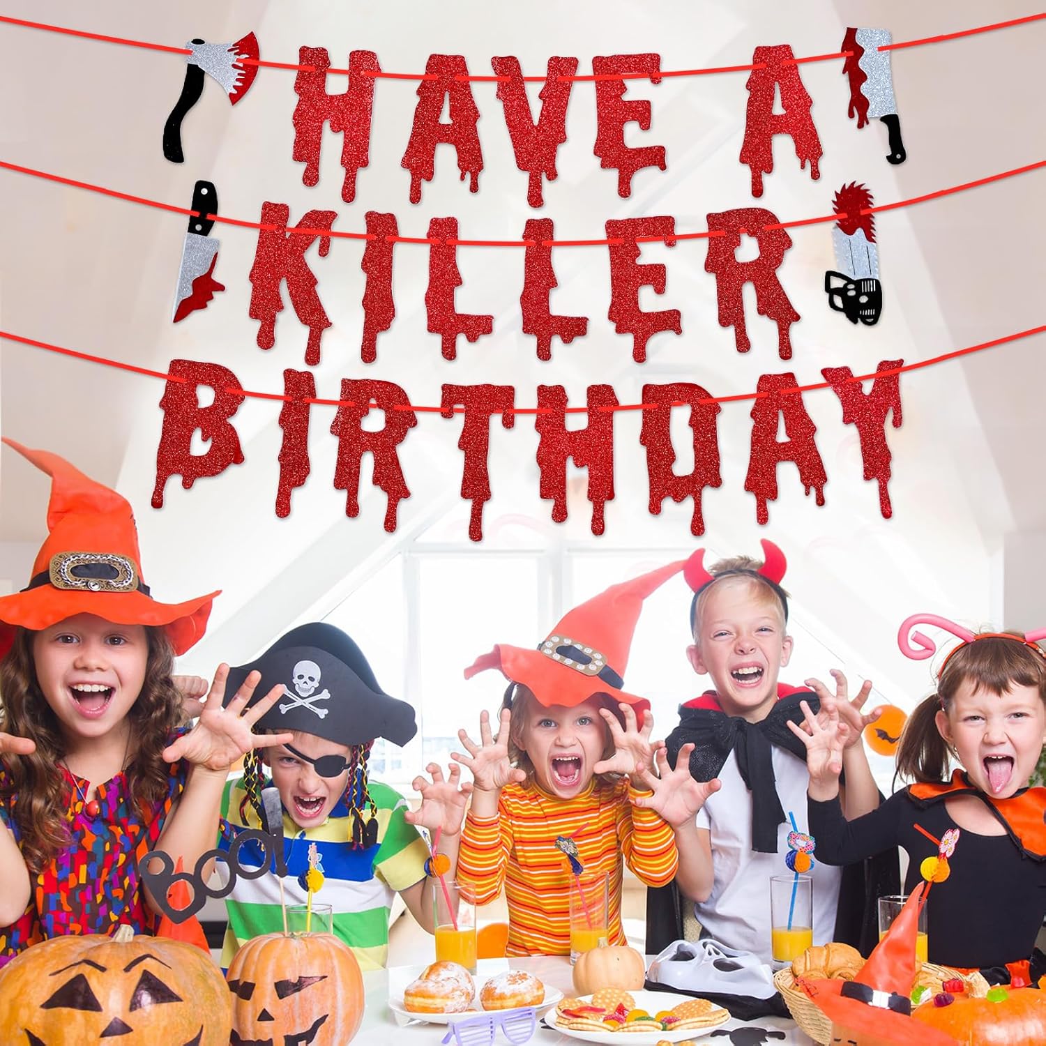 Red Glitter Halloween Birthday Banner - Pre-Strung Decor Bunting