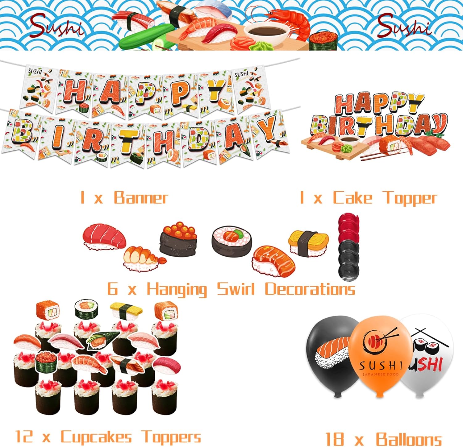 Sushi Party Decorations with Happy Birthday Banner and Balloons