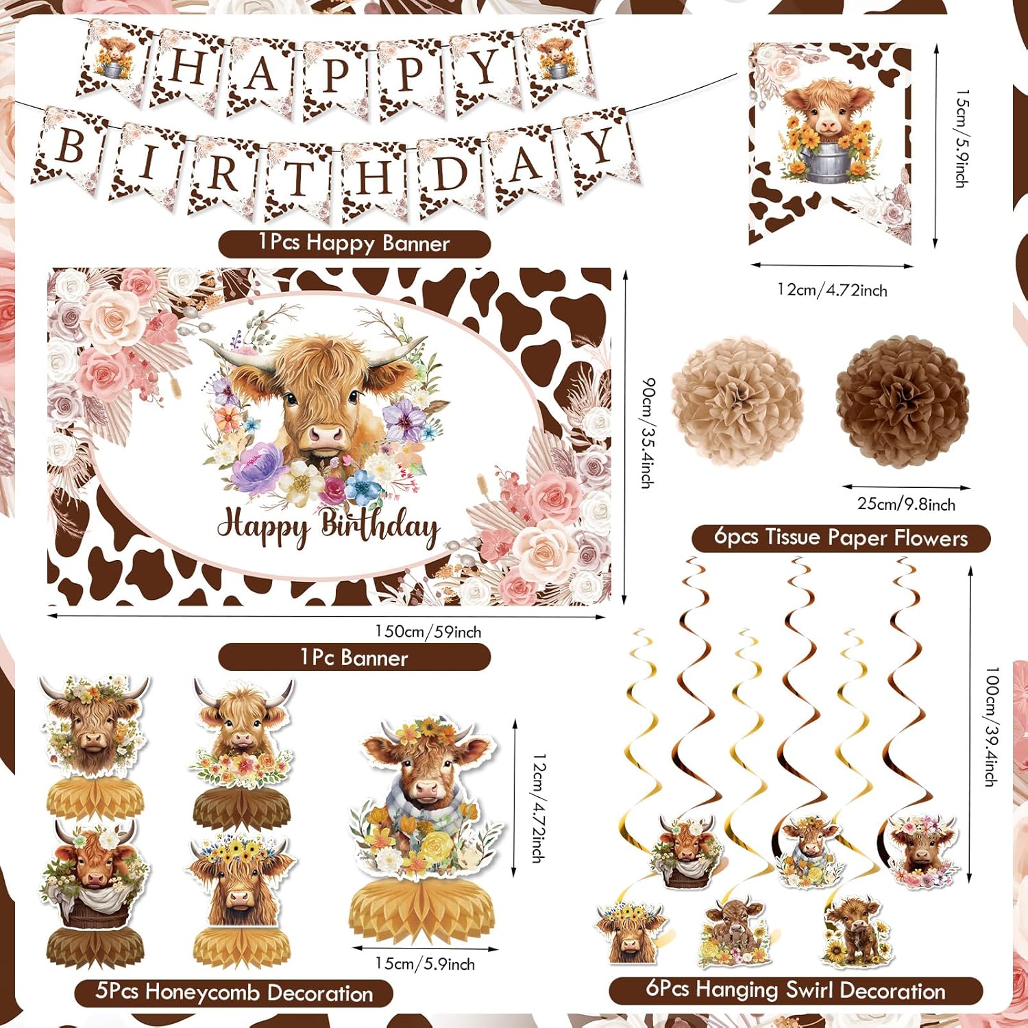 19pcs Highland Cow Party Decorations Set