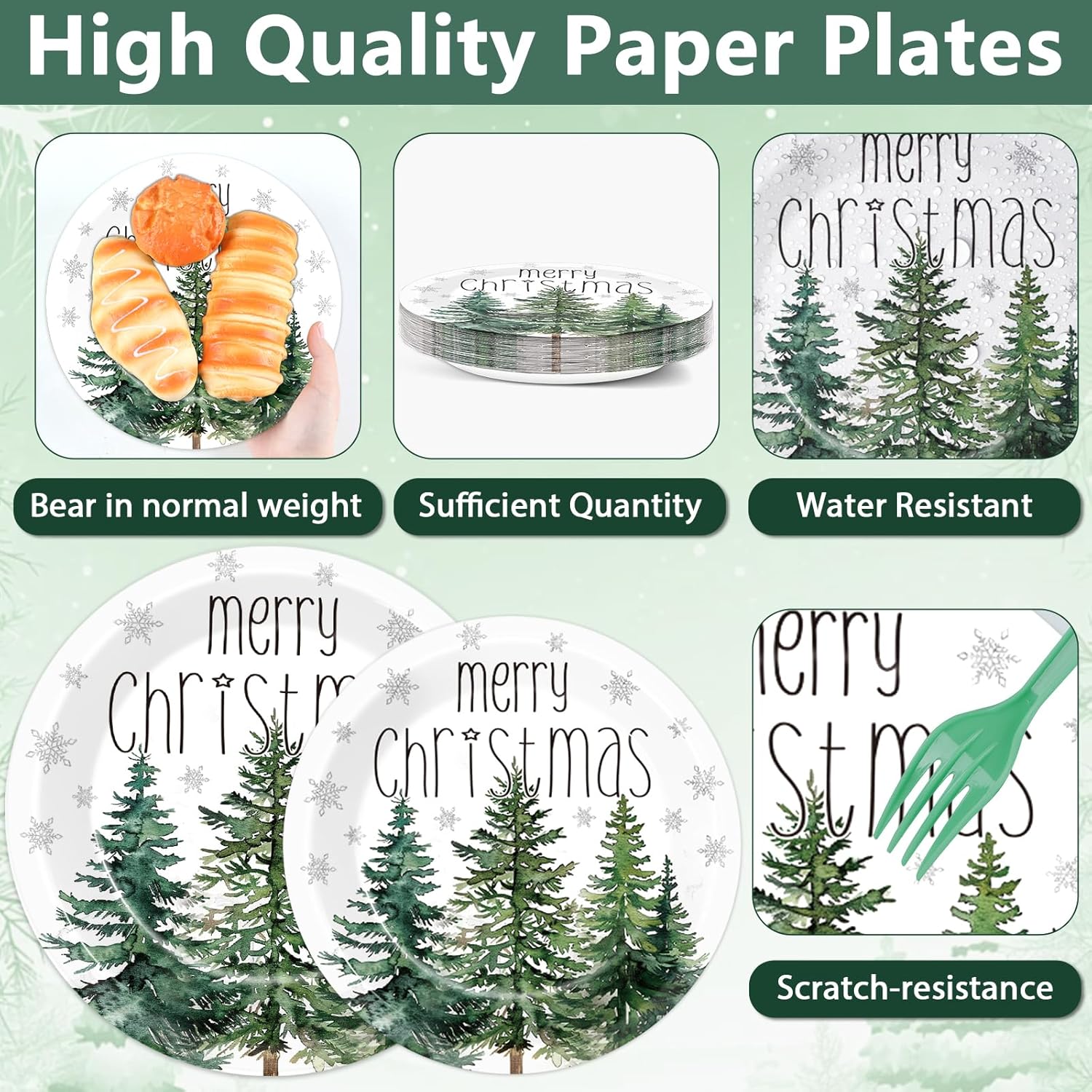 96Pcs Christmas Tree Paper Plates Napkins for 24 Guests