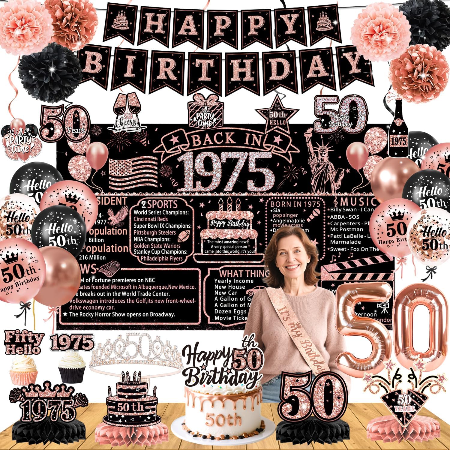 50th Birthday Decor Set 59 pcs Rose Gold Party Essentials