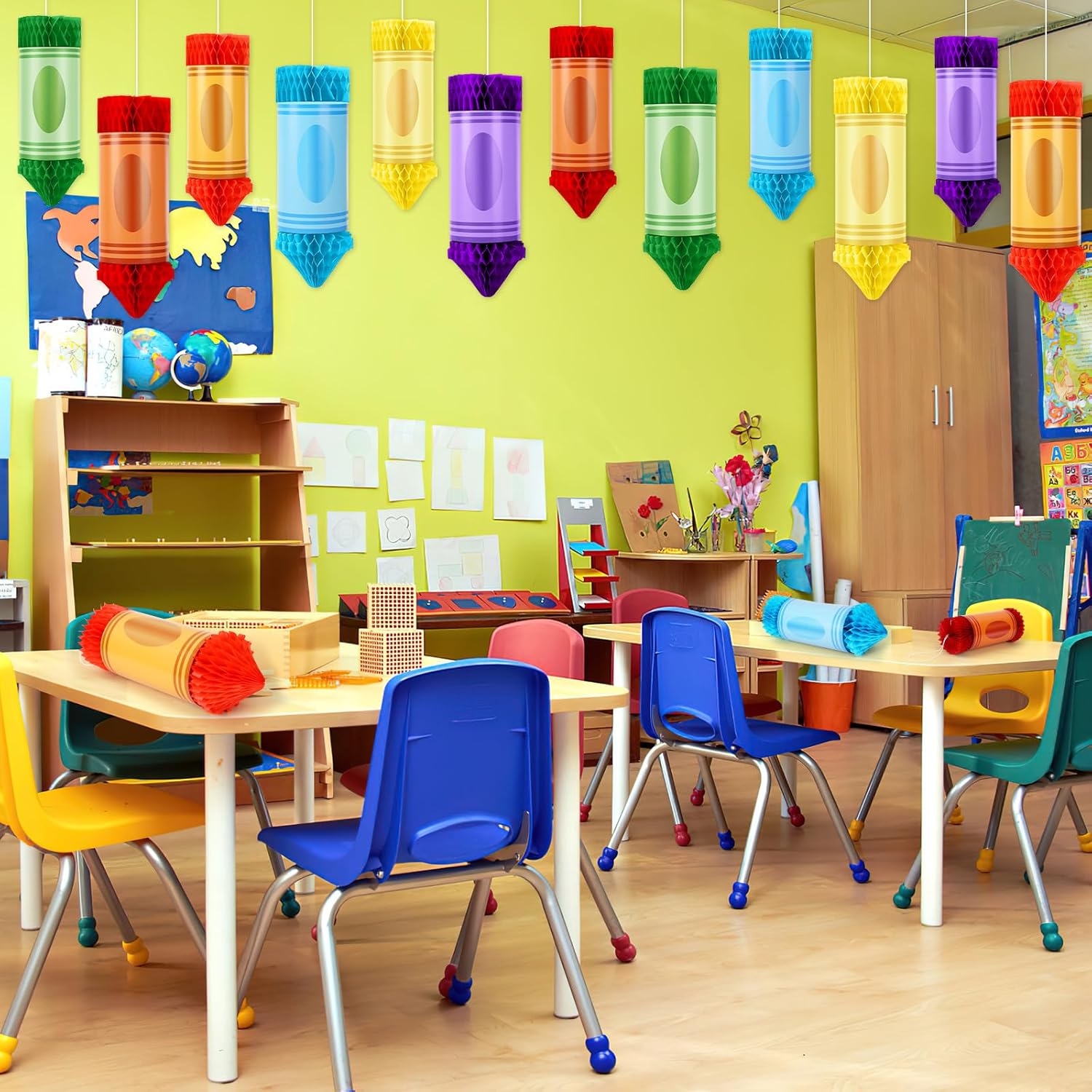 12 Pcs Crayon Pencil Hanging Honeycomb Classroom Decorations