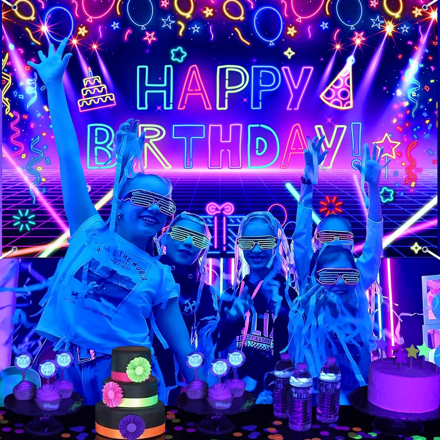 Glow Neon Birthday Party Banner - 71x44 Inch UV Reactive