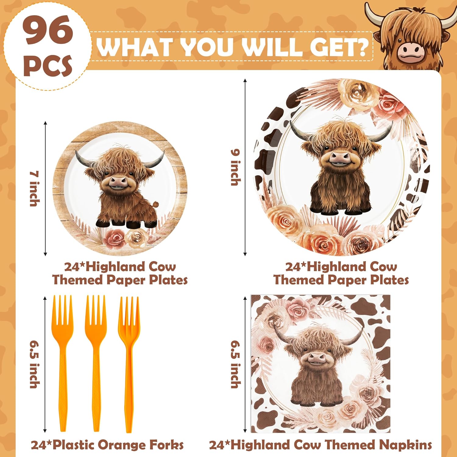 96Pcs Highland Cow Themed Party Tableware Set