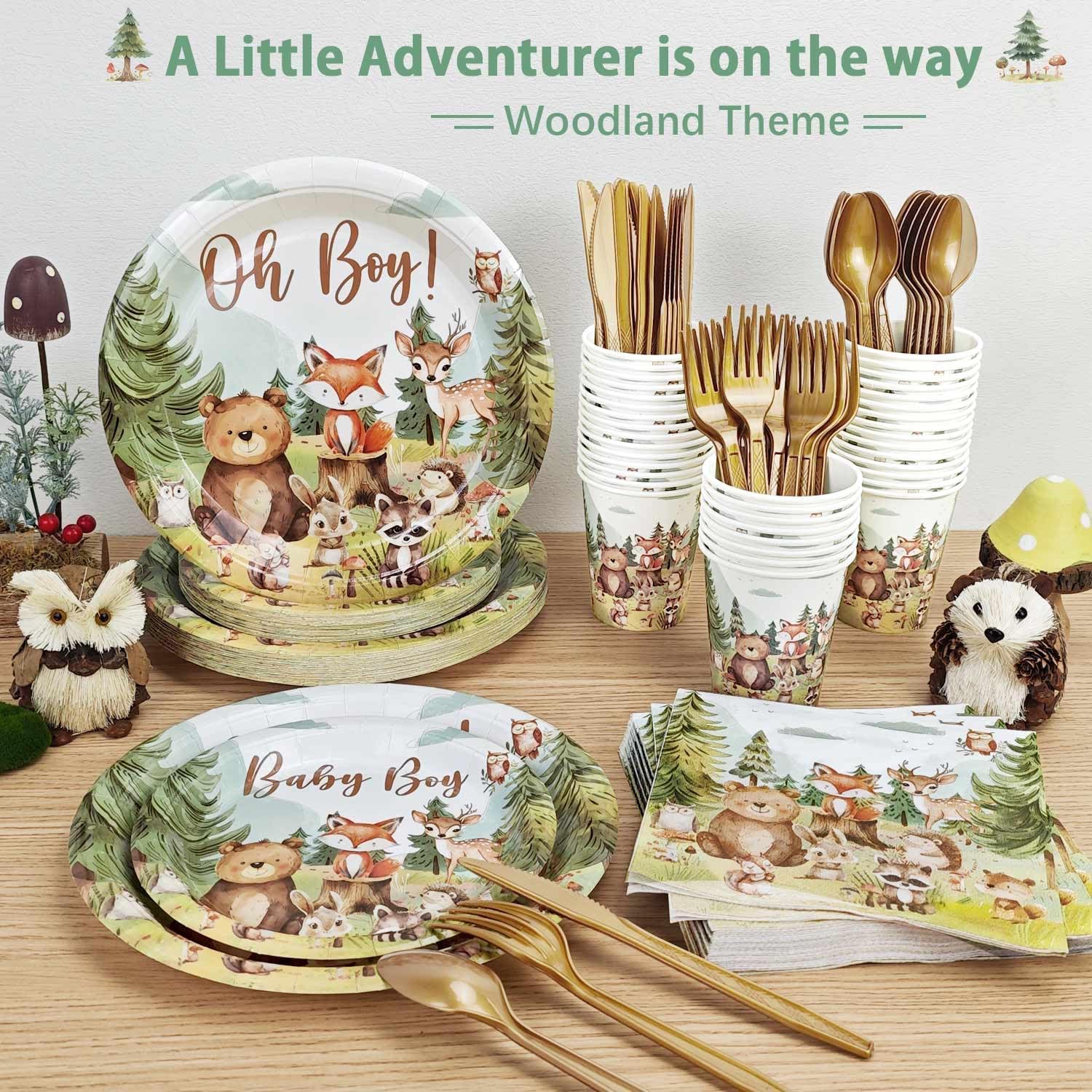 Woodland Baby Shower Plate Set 175 Pcs for 25 Guests