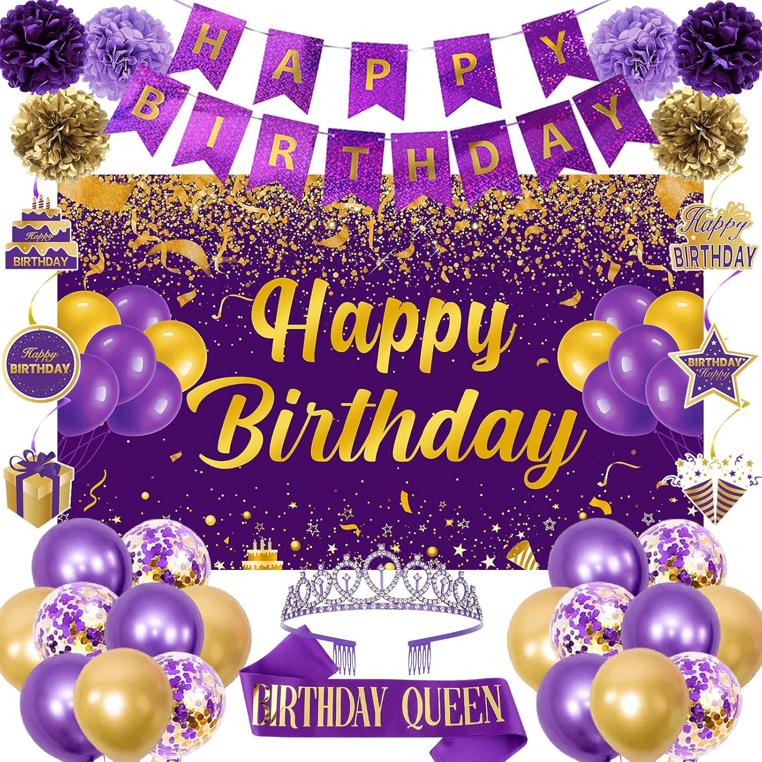 Trgowaul Purple Gold Birthday Decorations Set 34PCS