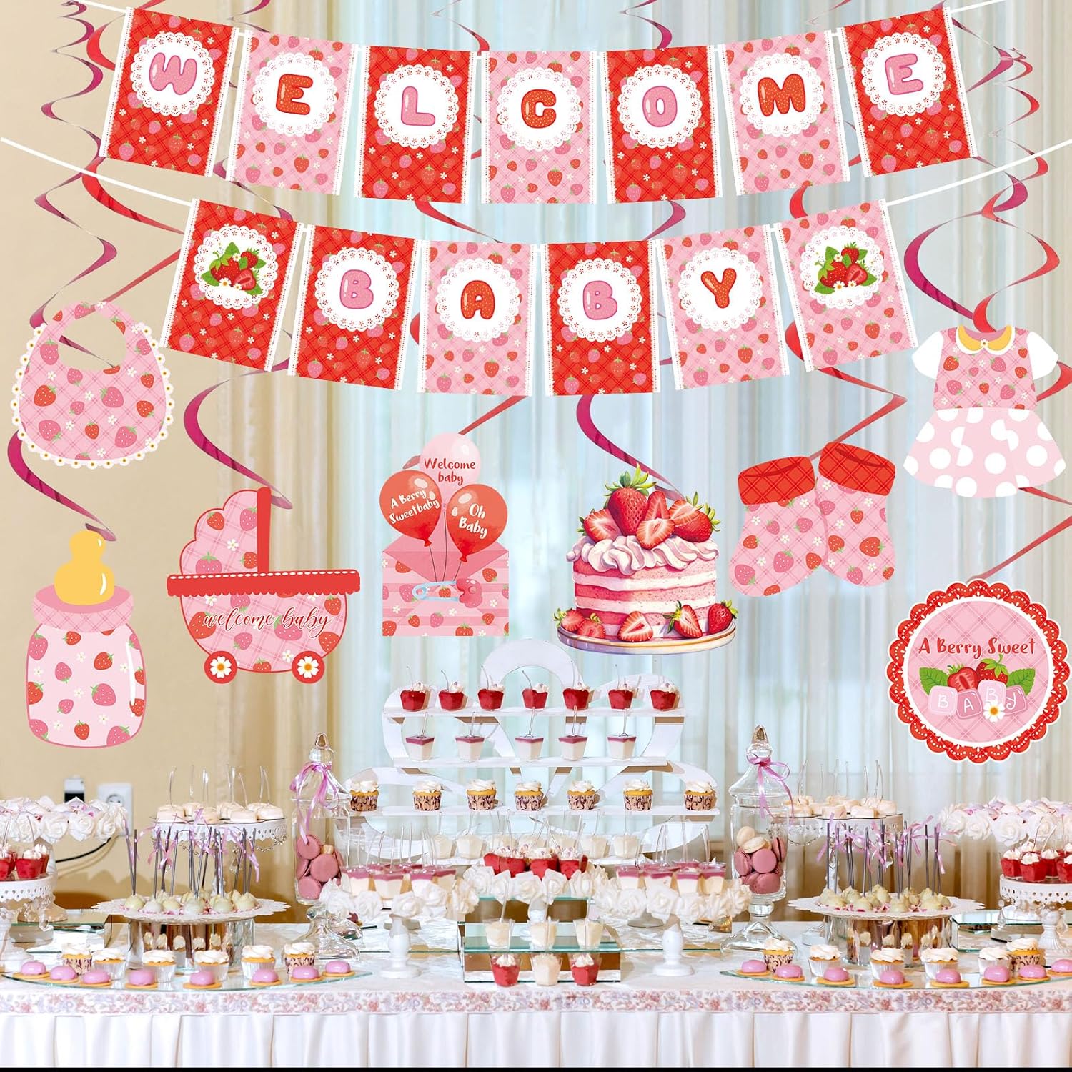 Strawberry Baby Shower Decorations with Banner and Hanging Swirls